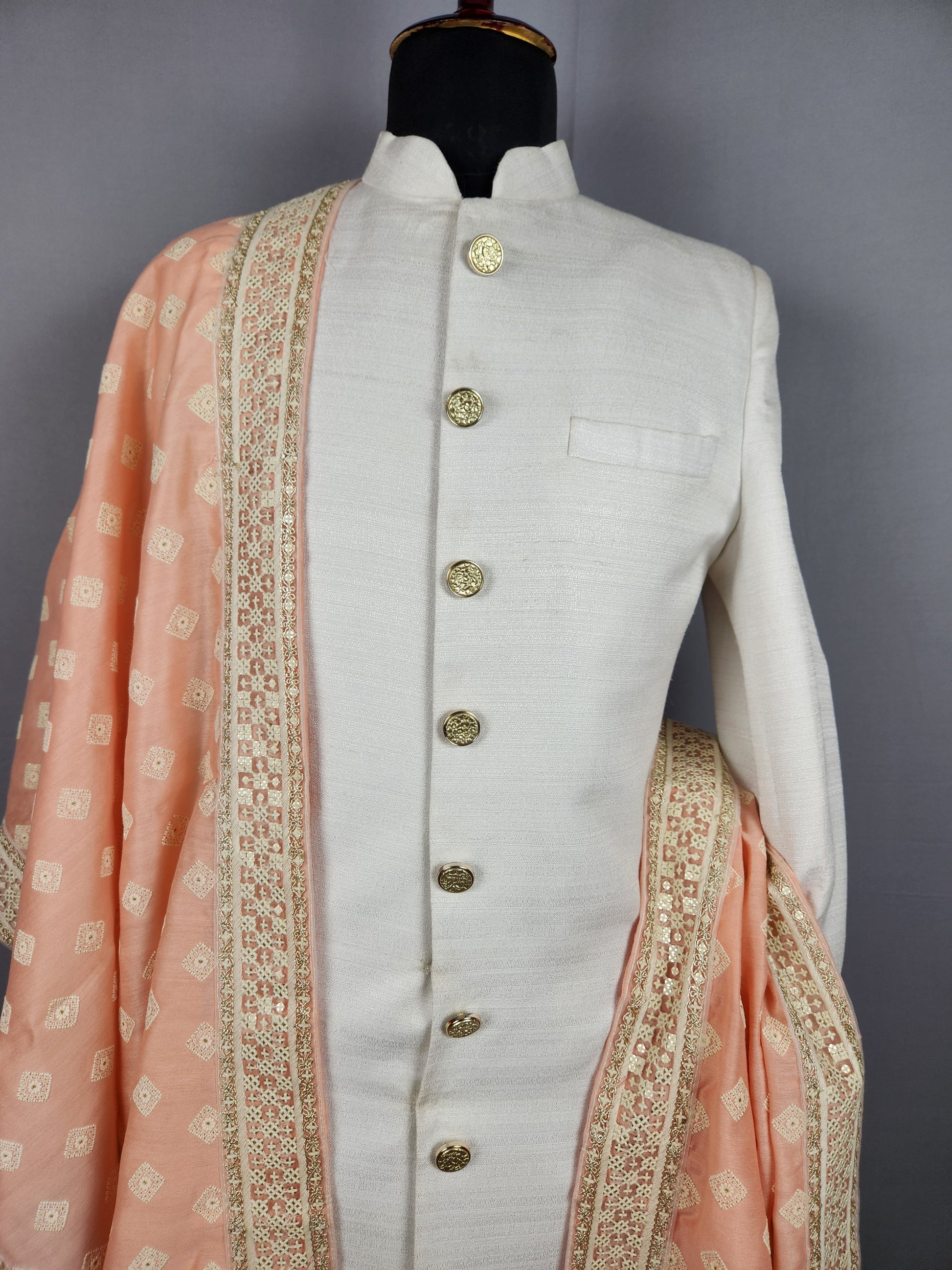 Peach Groom Stole - White Embroidered Peach Wedding Shawl