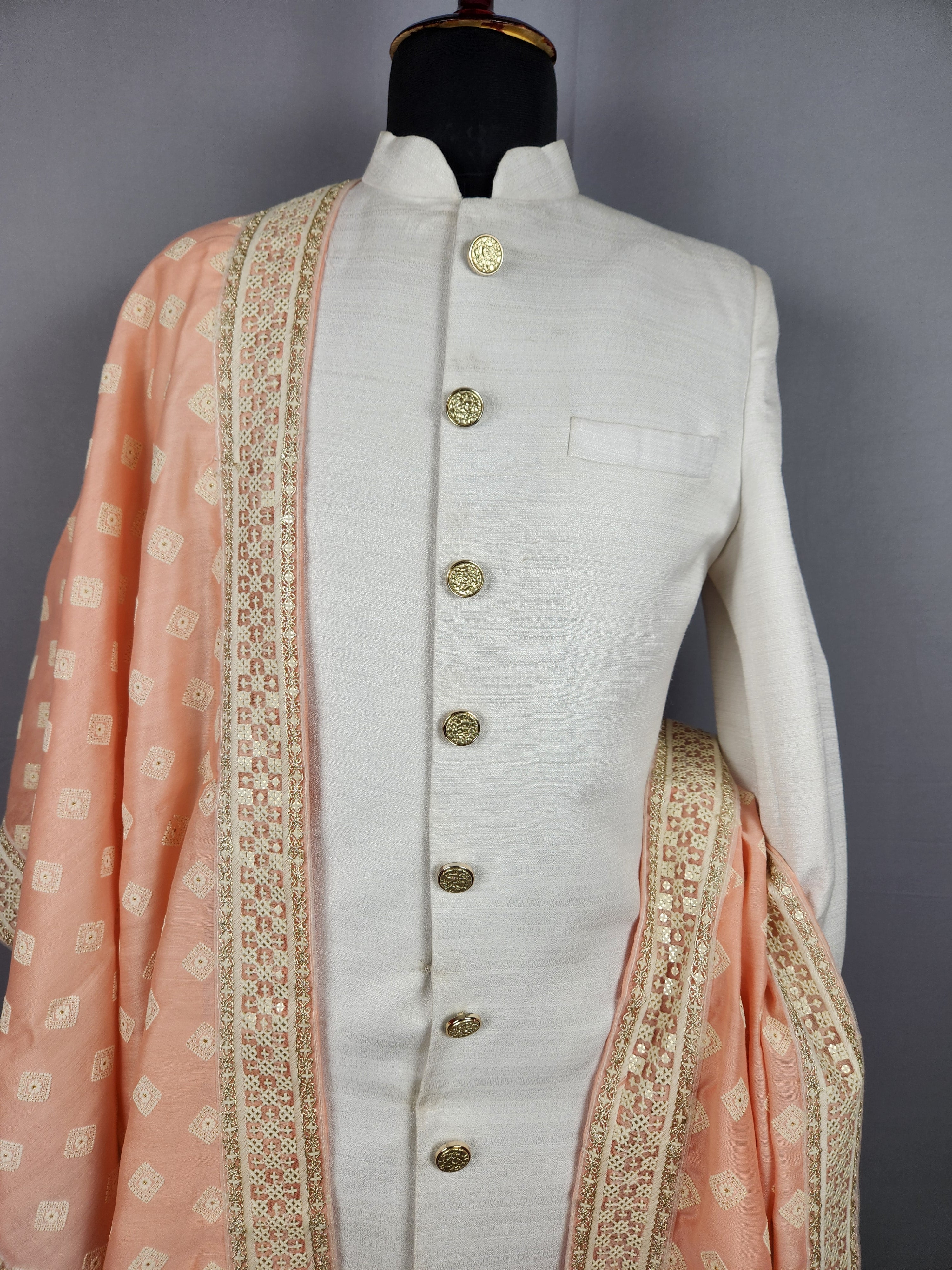 Peach Groom Stole - White Embroidered Peach Wedding Shawl