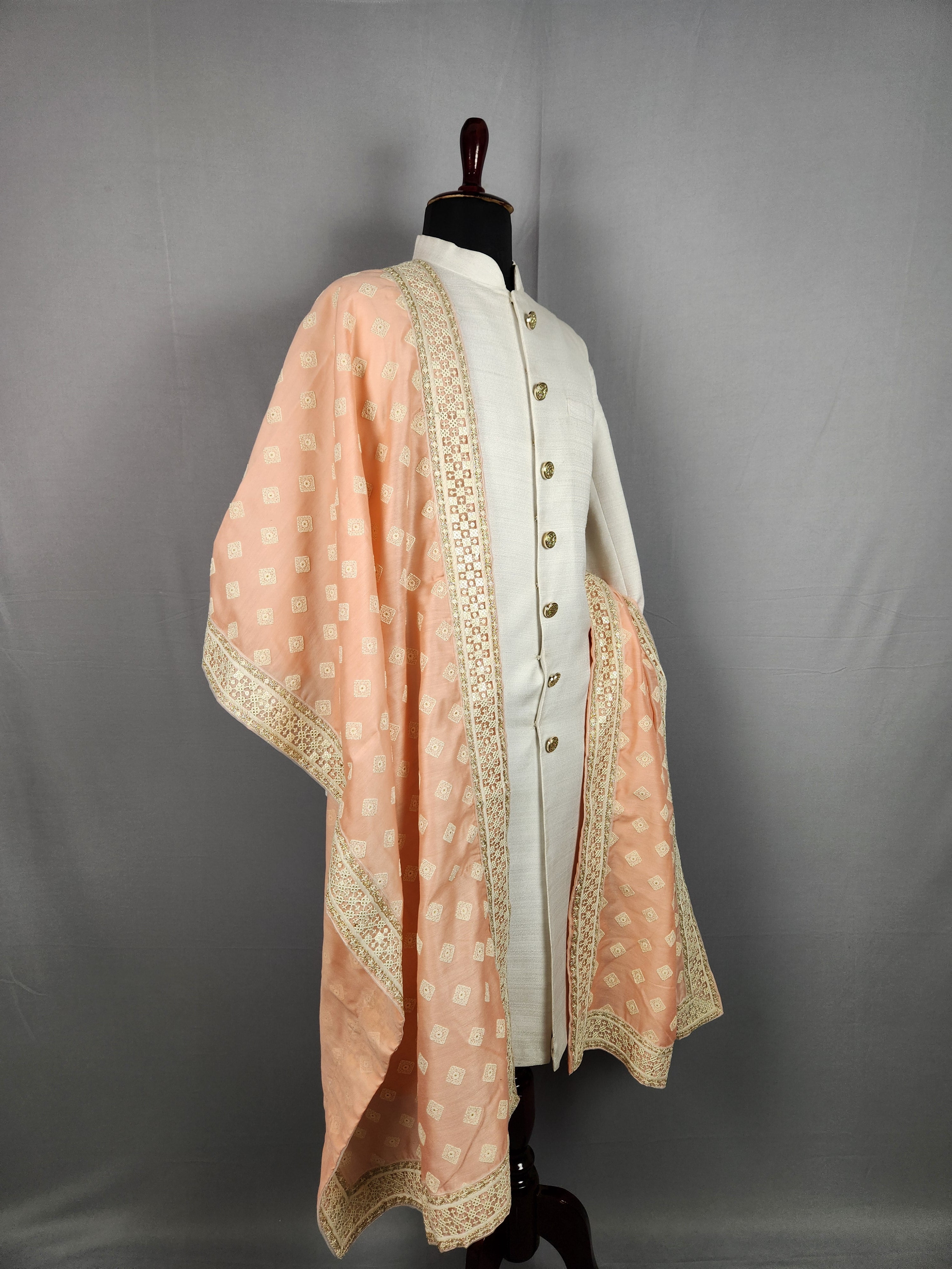 Peach Groom Stole - White Embroidered Peach Wedding Shawl