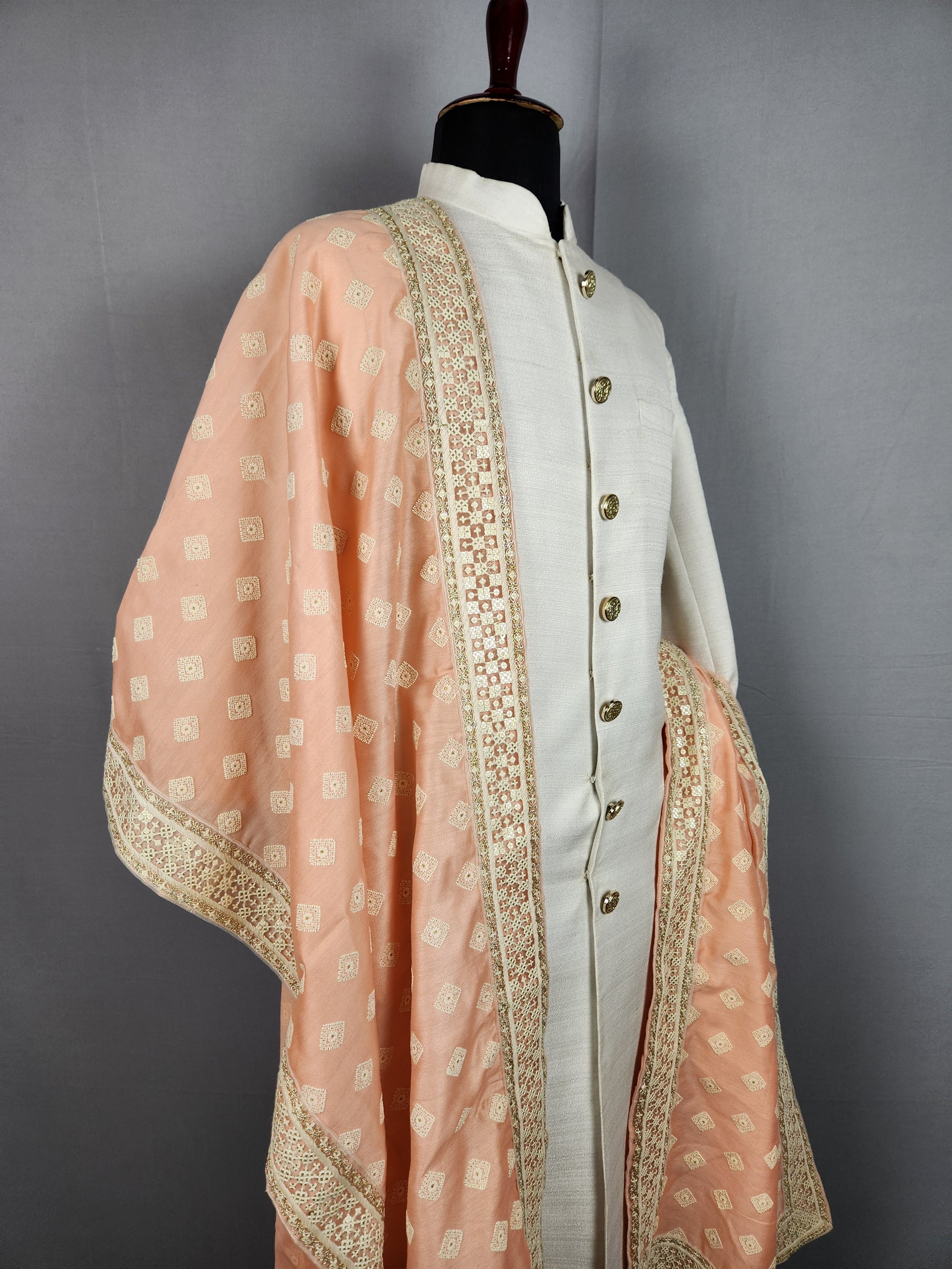 Peach Groom Stole - White Embroidered Peach Wedding Shawl