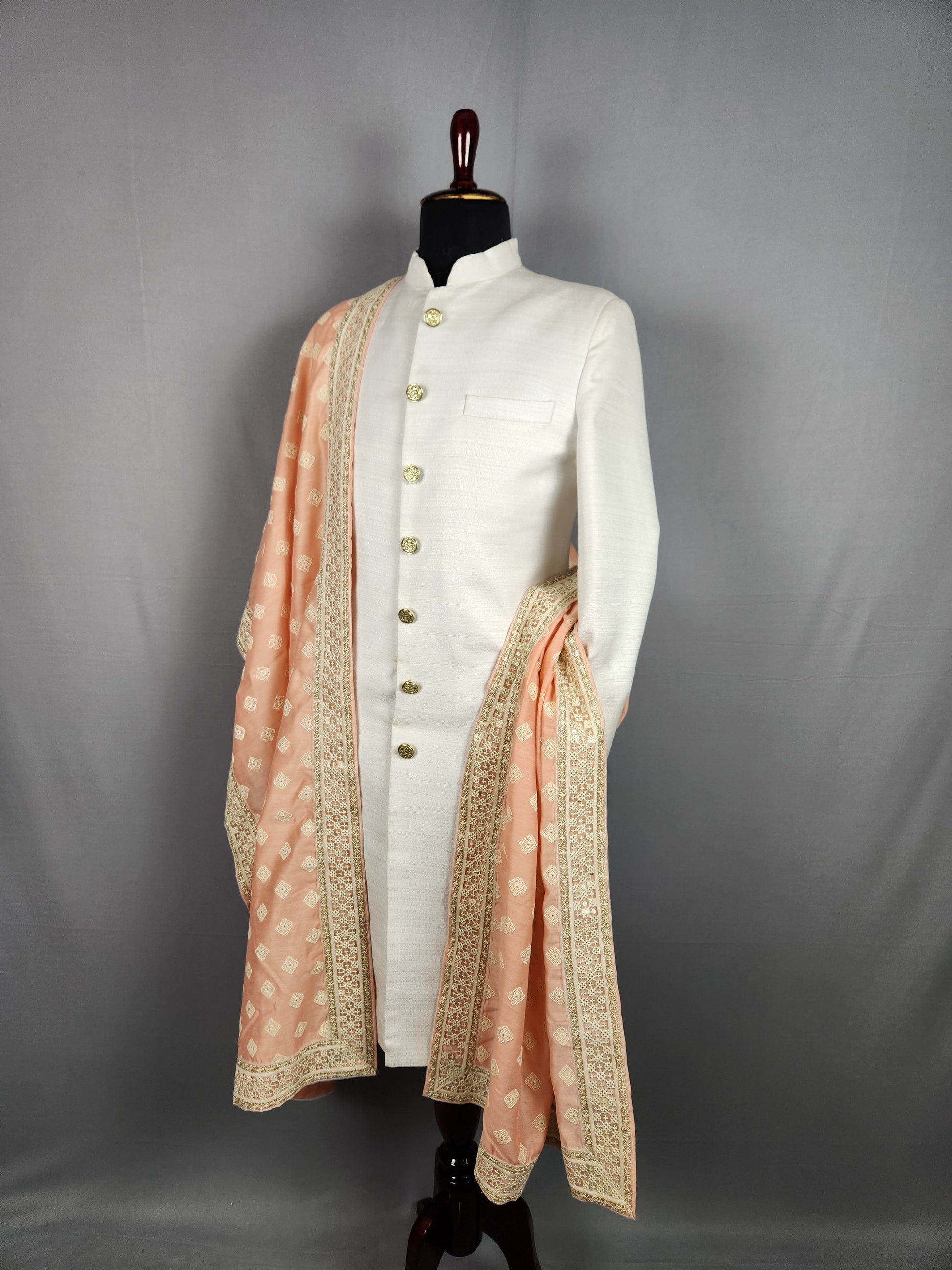 Peach Groom Stole - White Embroidered Peach Wedding Shawl