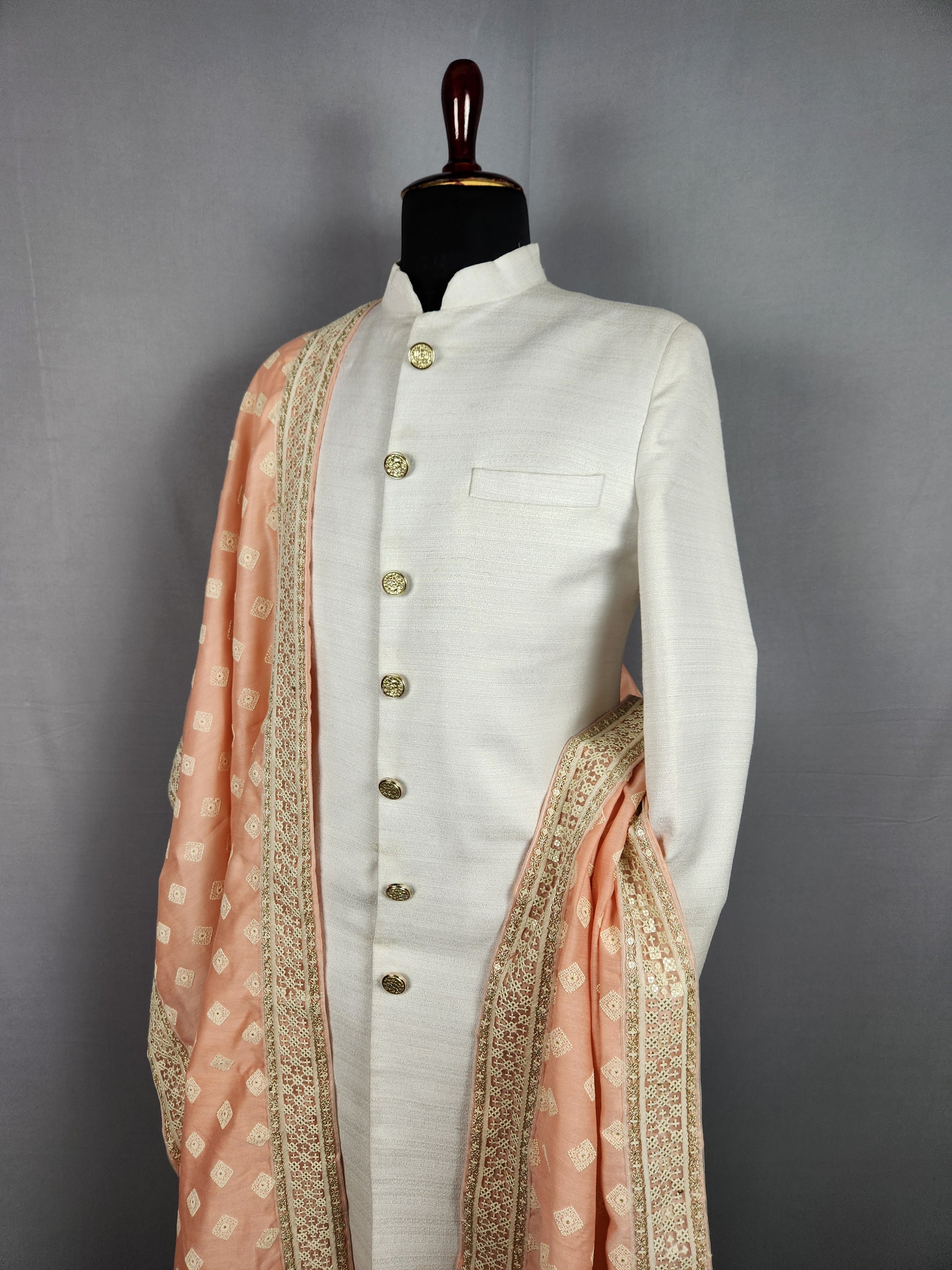 Peach Groom Stole - White Embroidered Peach Wedding Shawl