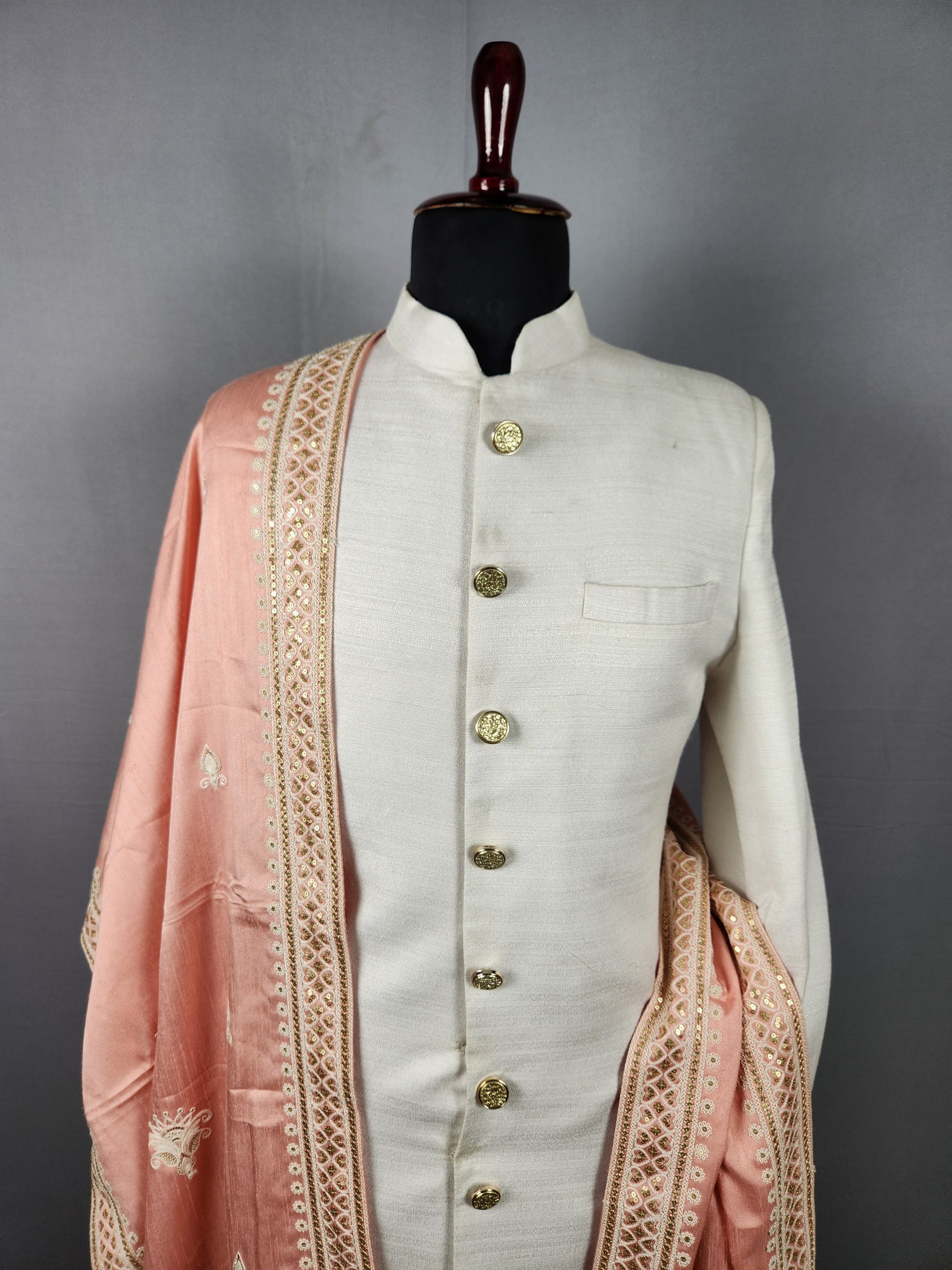 Peach Groom Stole - Golden Sequin Peach Wedding Shawl