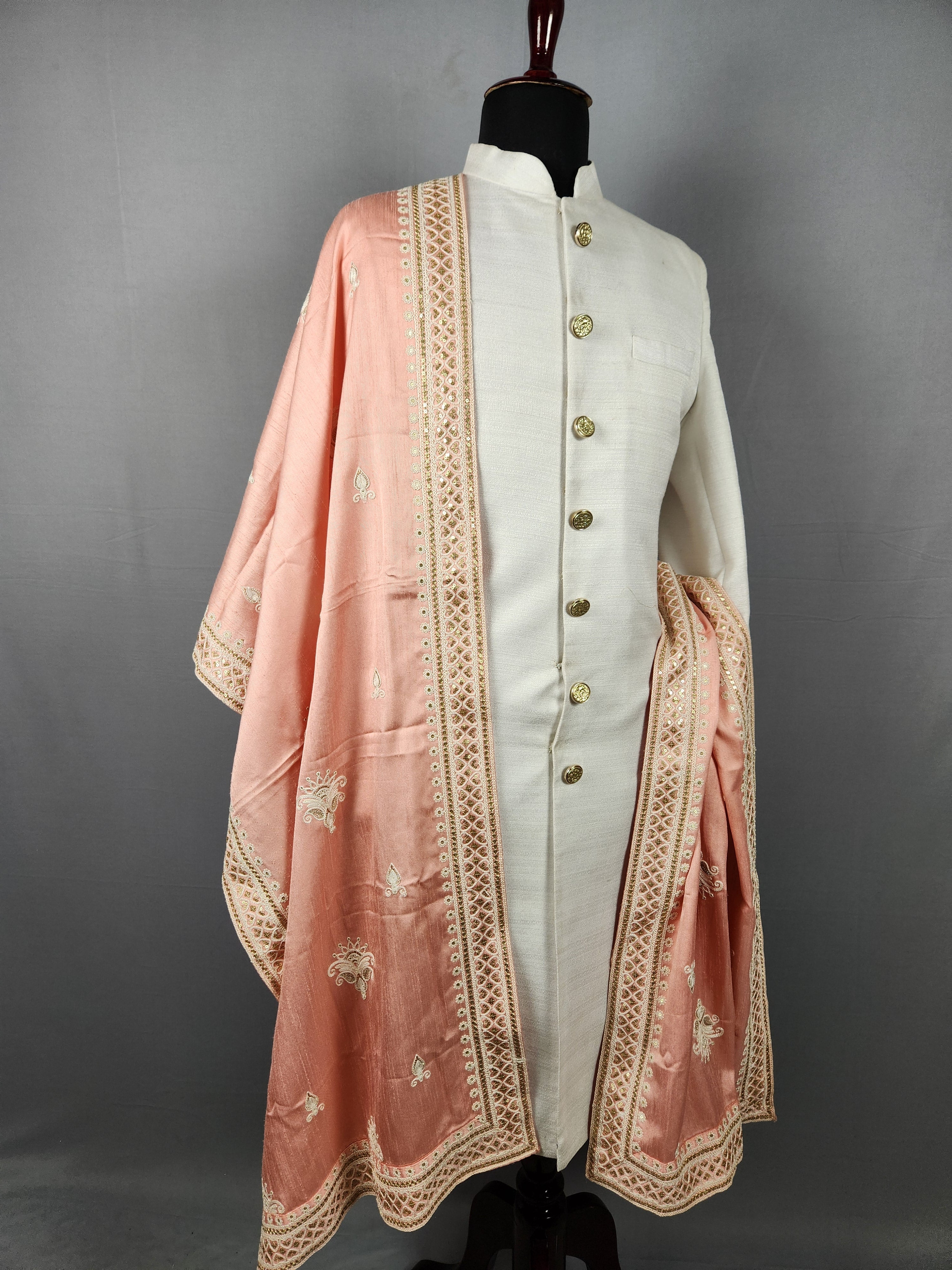 Peach Groom Stole - Golden Sequin Peach Wedding Shawl