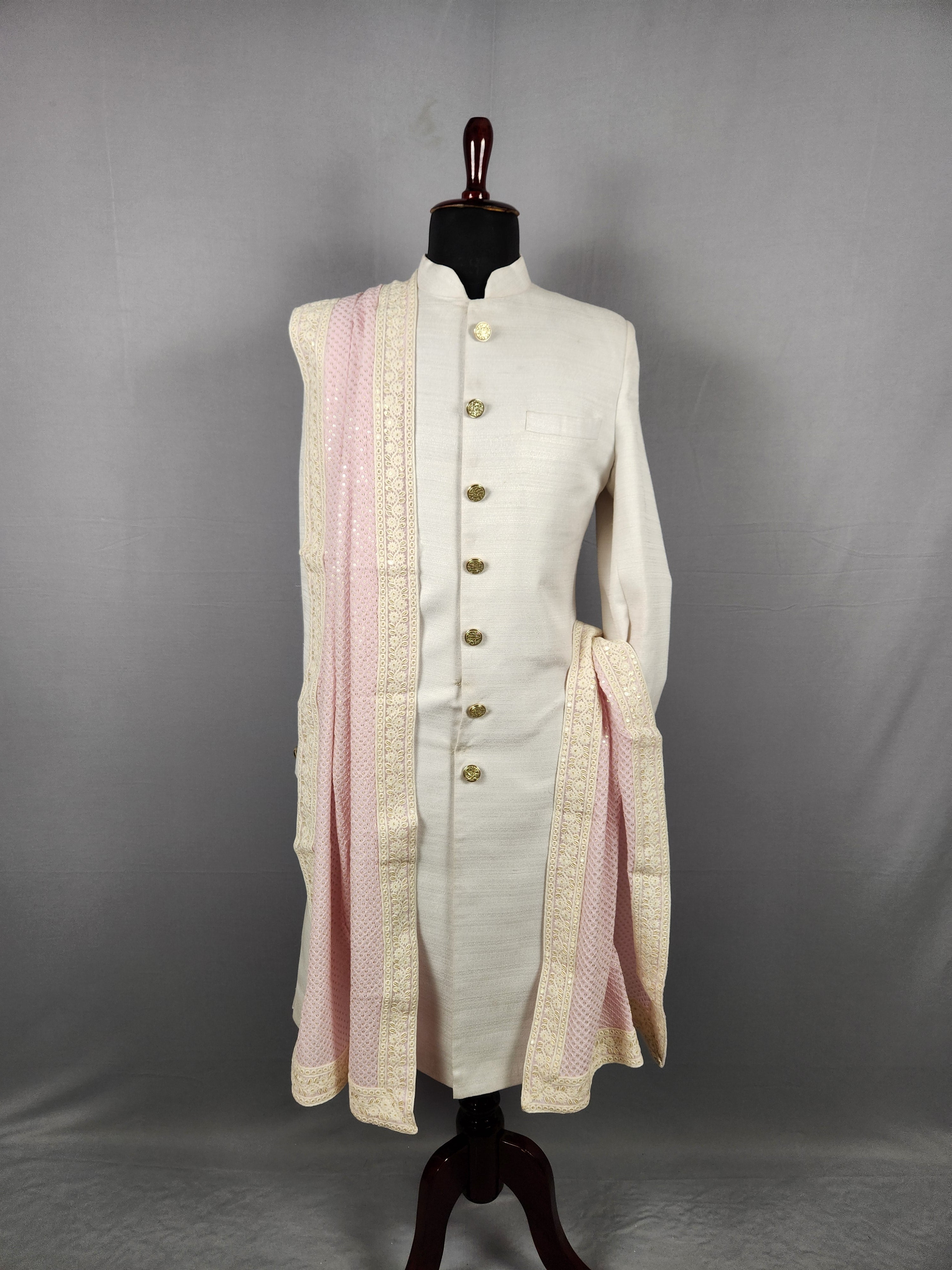 Pink Groom Shawl with White Chikankari Border