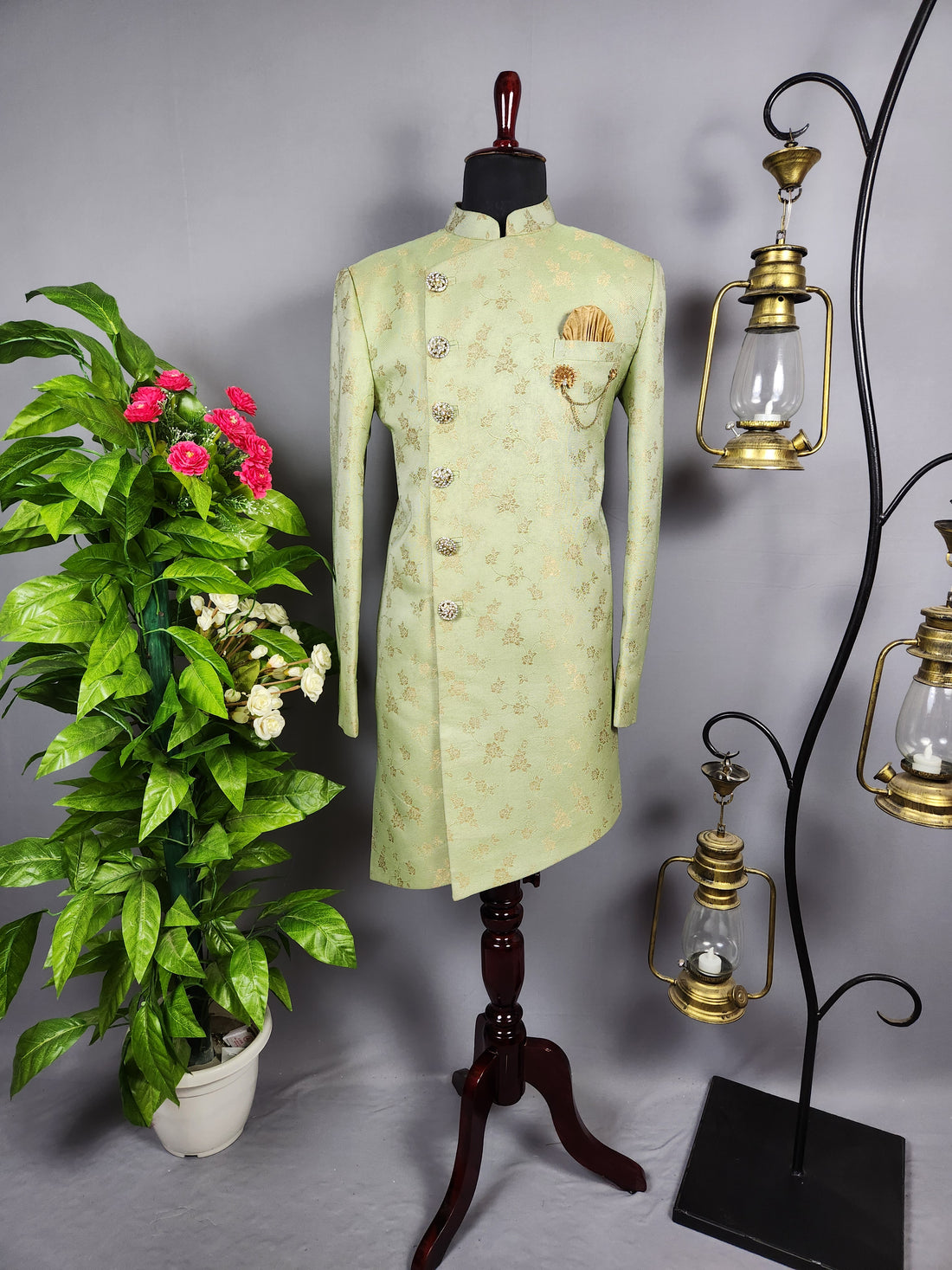 Pistachio Green Indo-Western Sherwani for Groom  -   Indian Wedding Outfit for Men
