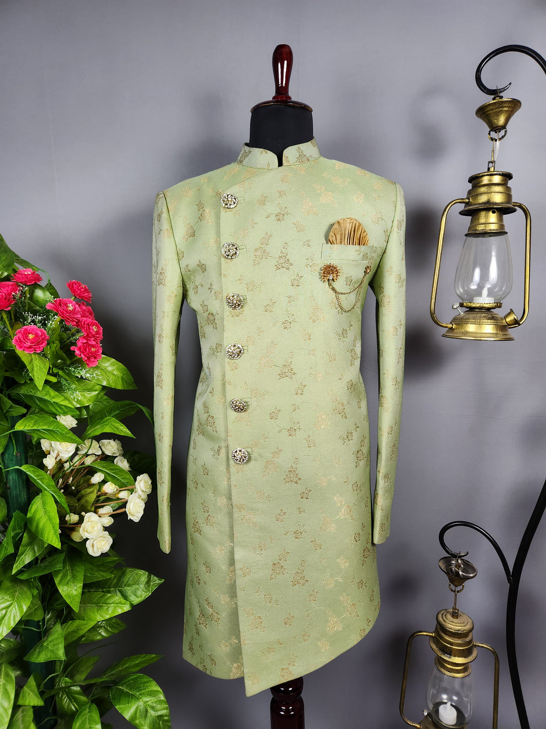 Pistachio Green Indo-Western Sherwani for Groom  -   Indian Wedding Outfit for Men