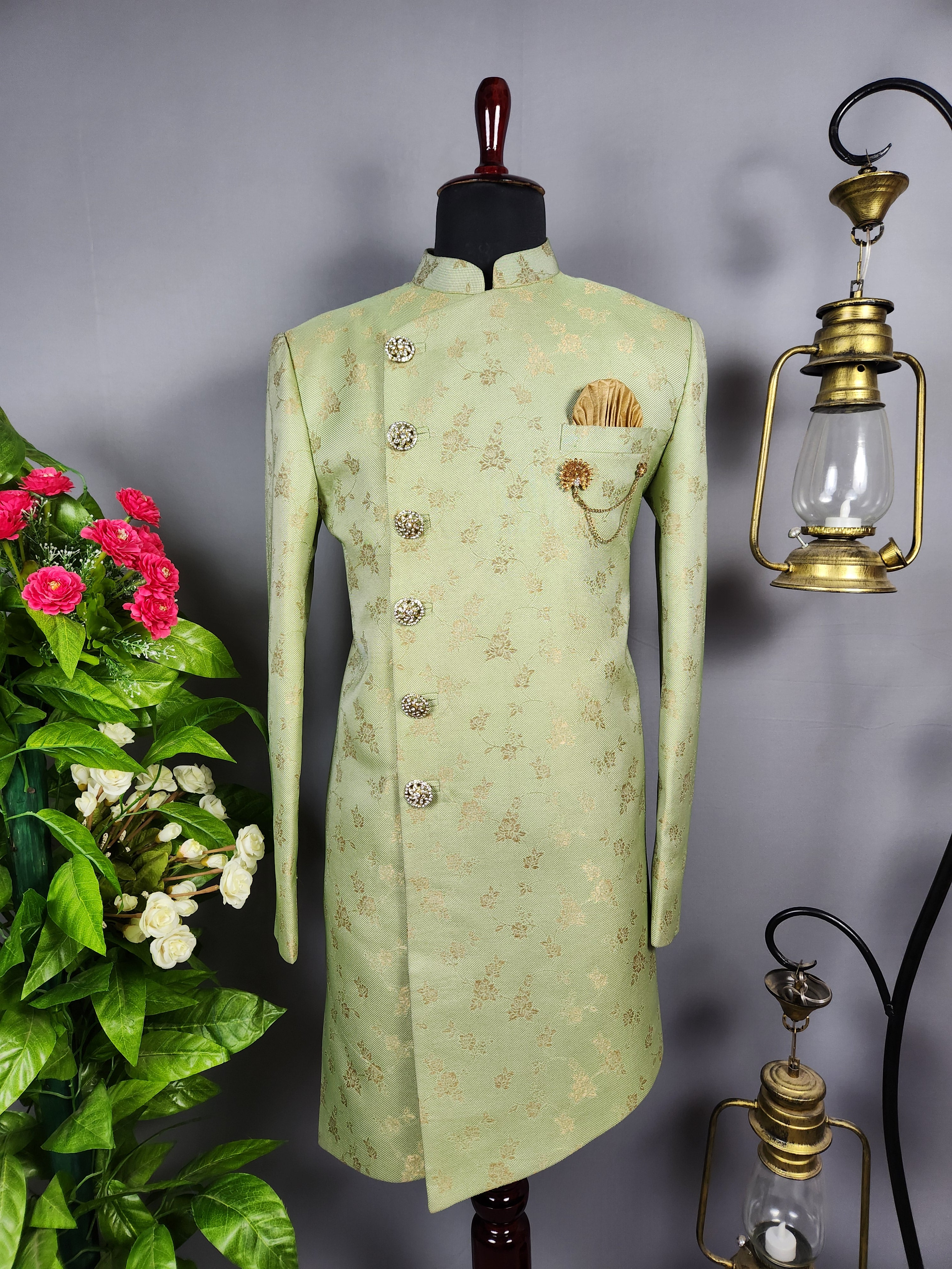 Pistachio Green Indo-Western Sherwani for Groom  -   Indian Wedding Outfit for Men