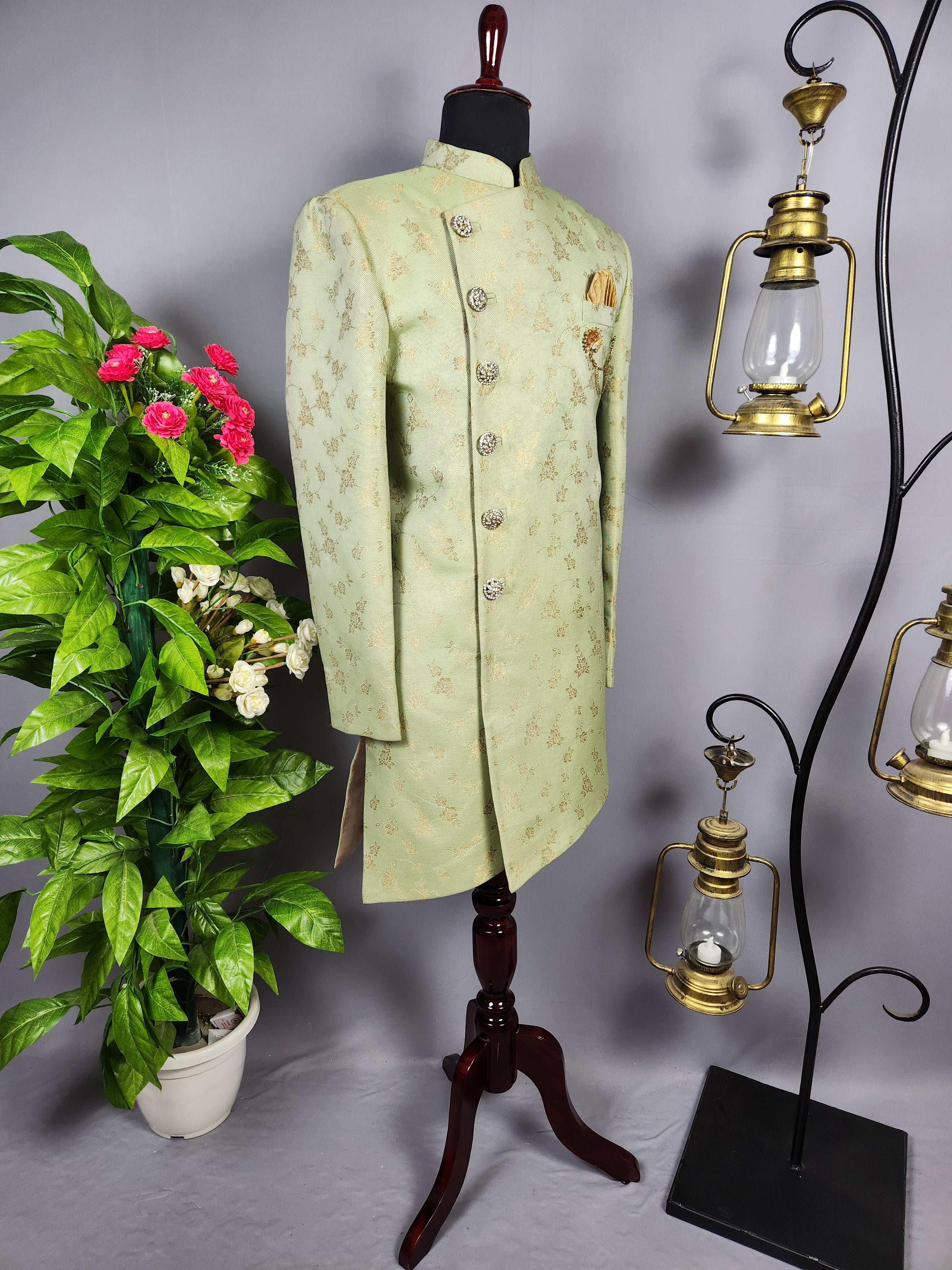 Pistachio Green Indo-Western Sherwani for Groom  -   Indian Wedding Outfit for Men