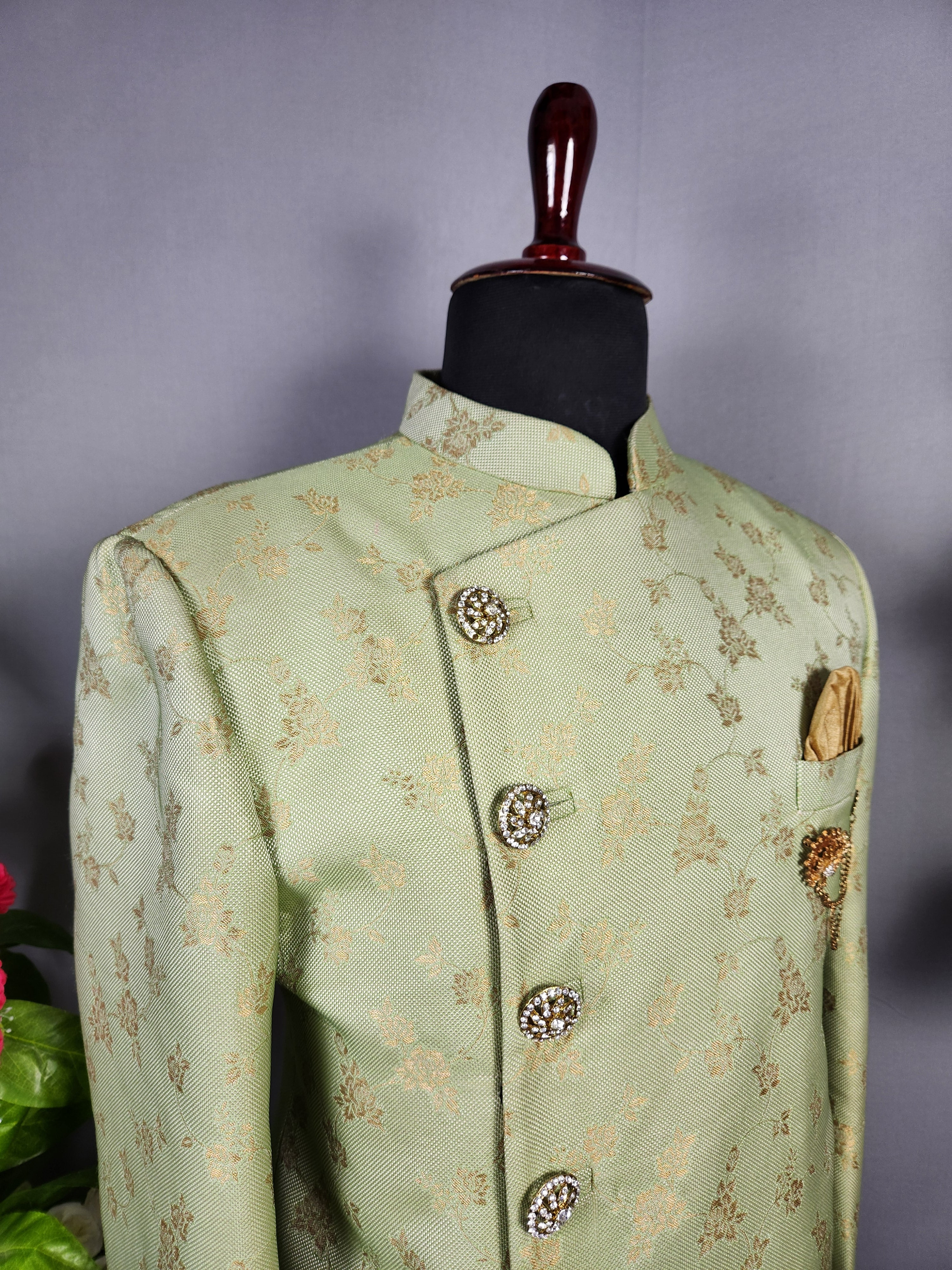 Pistachio Green Indo-Western Sherwani for Men | Indian Groom Wedding Outfit