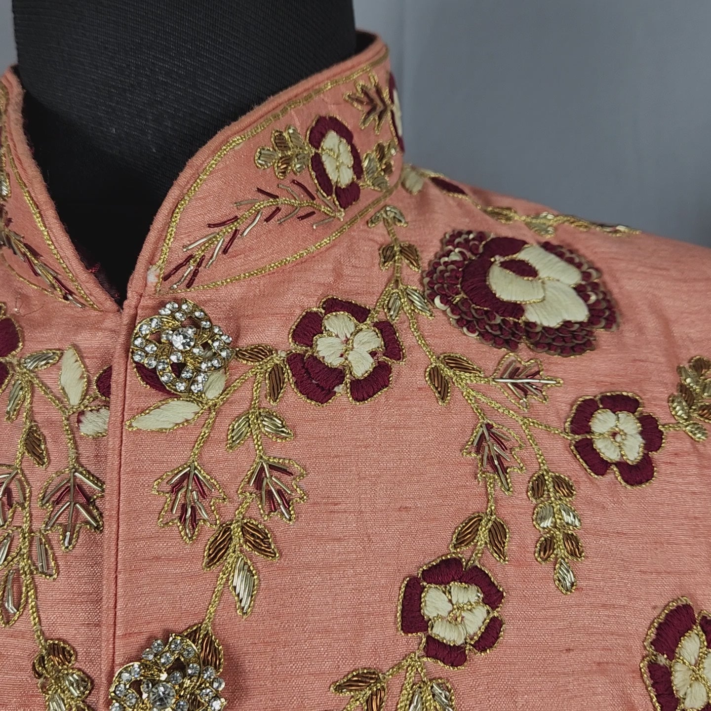 Peach Wedding Groom Sherwani with Red White Silk Threads Work