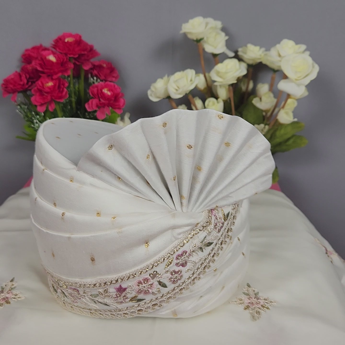 White Groom Turban Shawl With Pink Green Accent | Dupatta Safa Set For Men