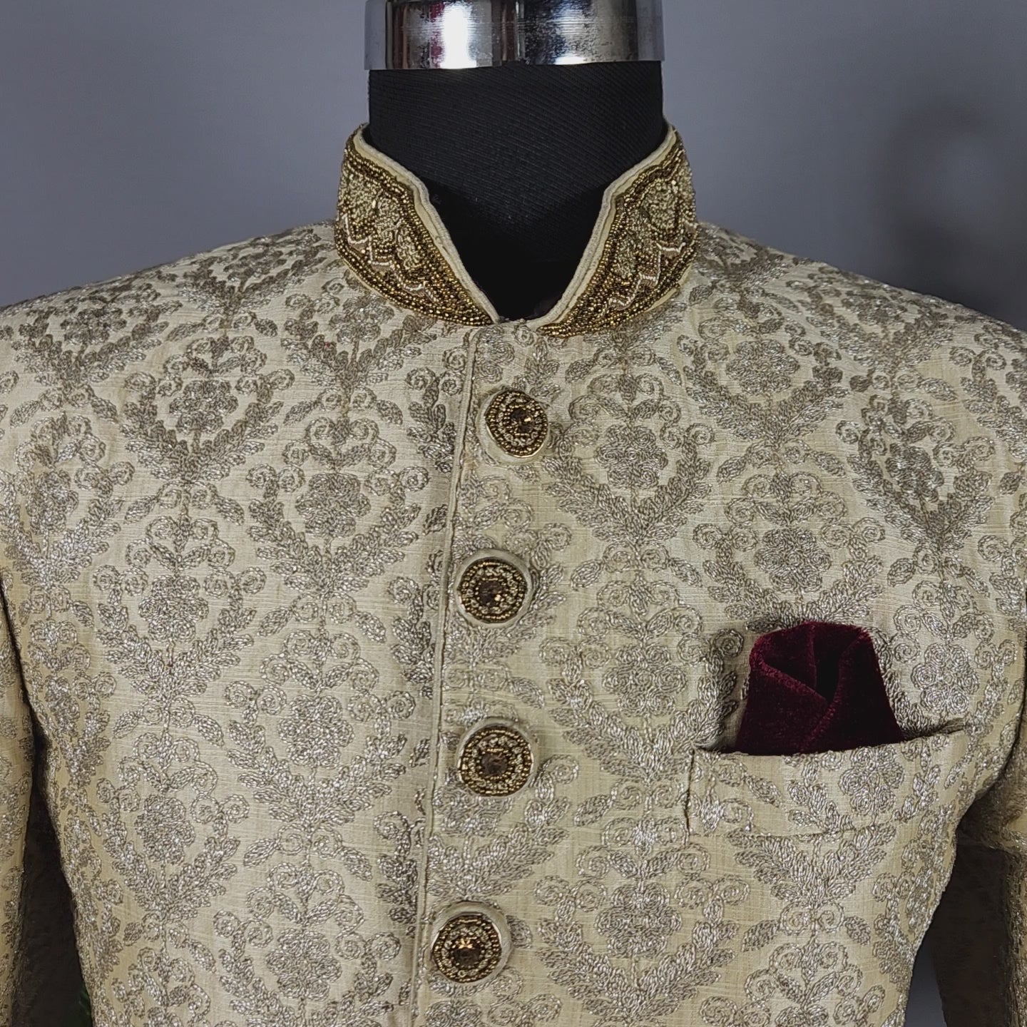 Beige Wedding Groom Sherwani - Silver Thread Work