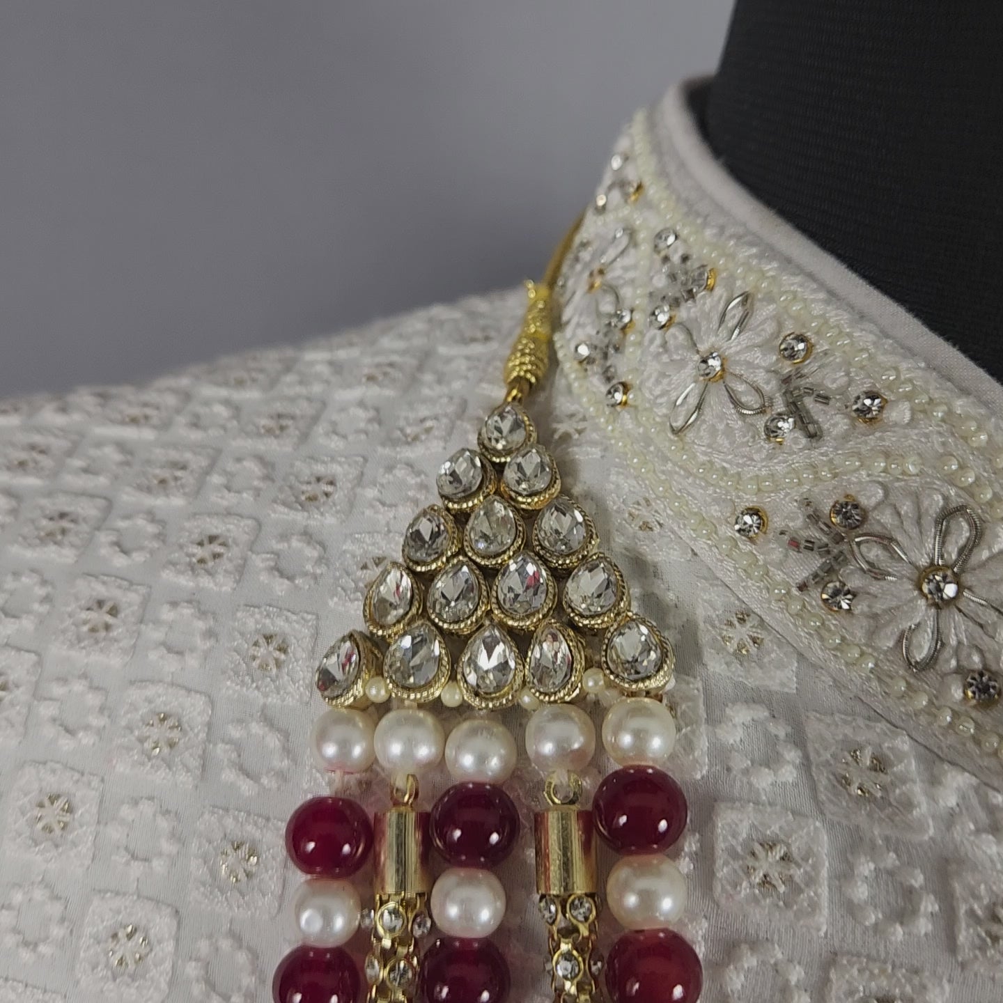 Groom Ruby Red Necklace - Pearls, Glass Ruby | Mala For Groom