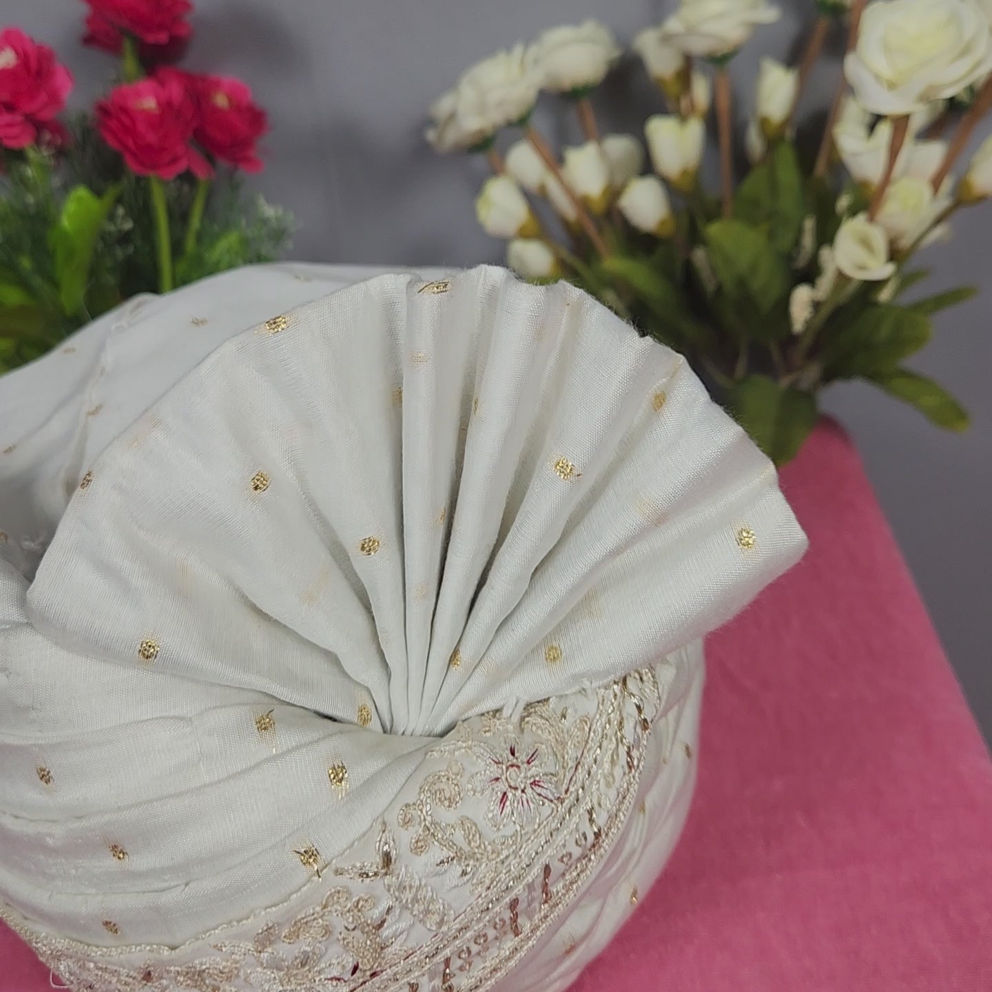 White Groom Turban With Peacock Design