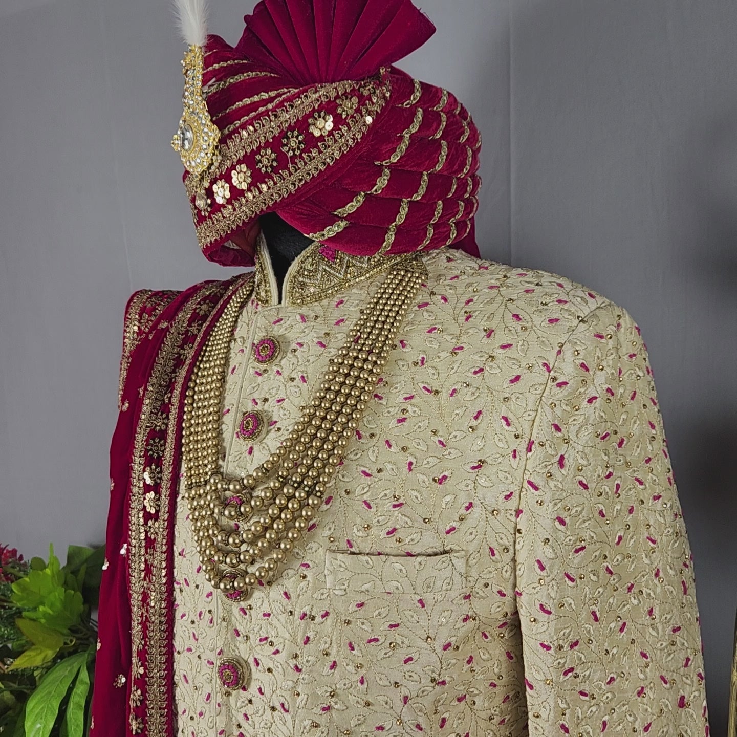 Cream Wedding Groom Sherwani with Magenta Accent