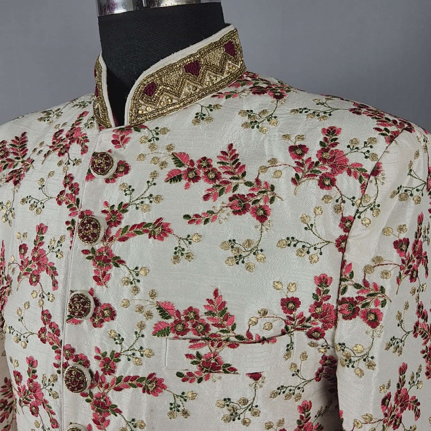 White Wedding Groom Sherwani with Red & Green Floral Embroidery