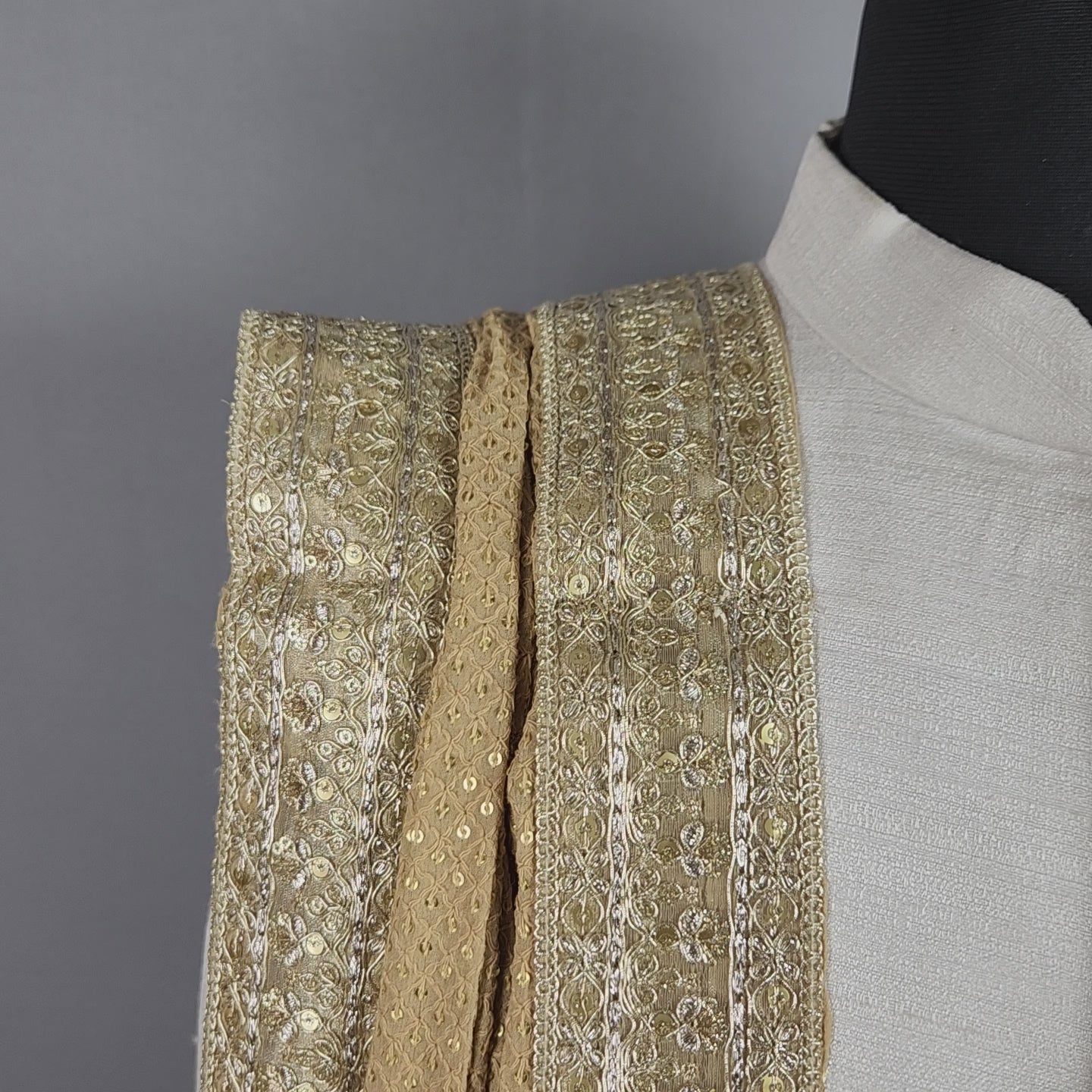 Beige Groom Shawl - Gold Embroidered Beige Stole