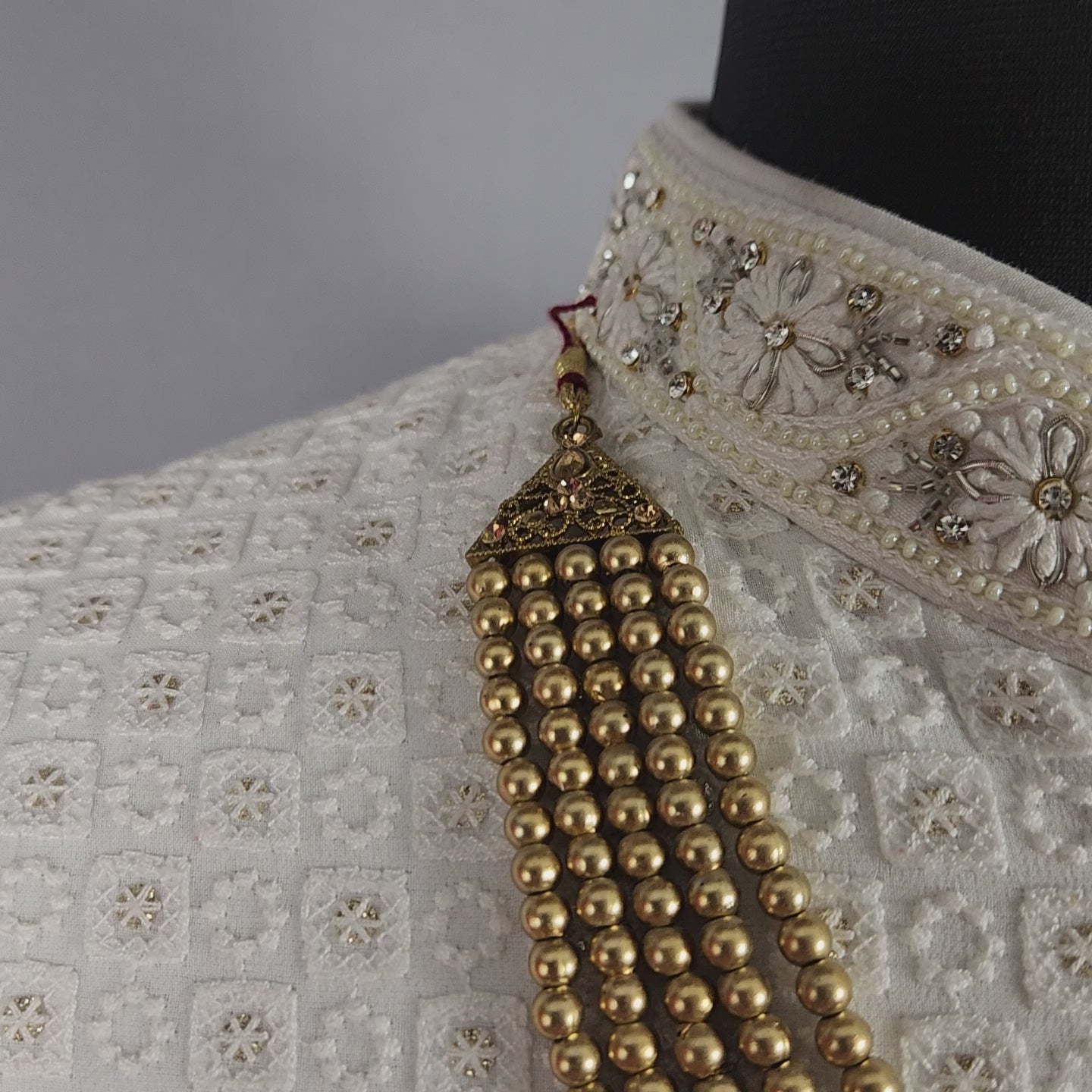 Golden Necklace Groom- Red and Gold Pearls | Wedding Mala For Sherwani