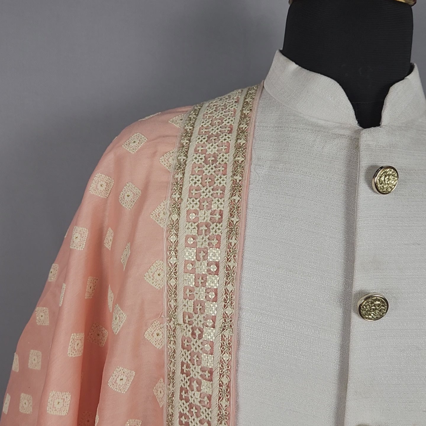 Peach Groom Stole - White Embroidered Peach Wedding Shawl