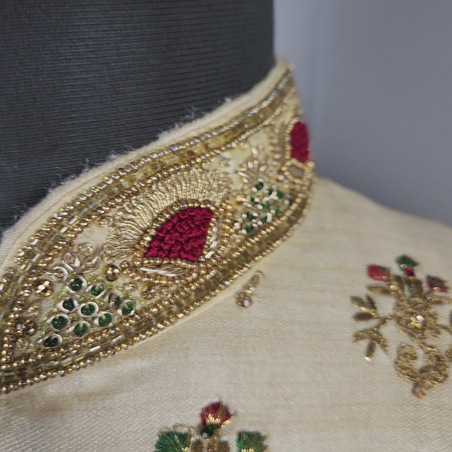 Beige Wedding Groom Sherwani with Red Green Motif Embroidery