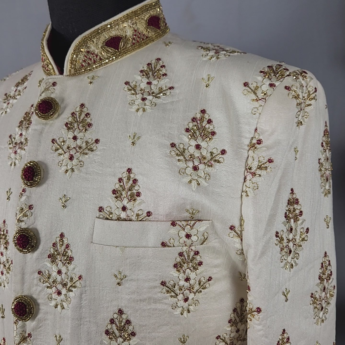 White Wedding Groom Sherwani with Red Embroidery, Golden Zarkan
