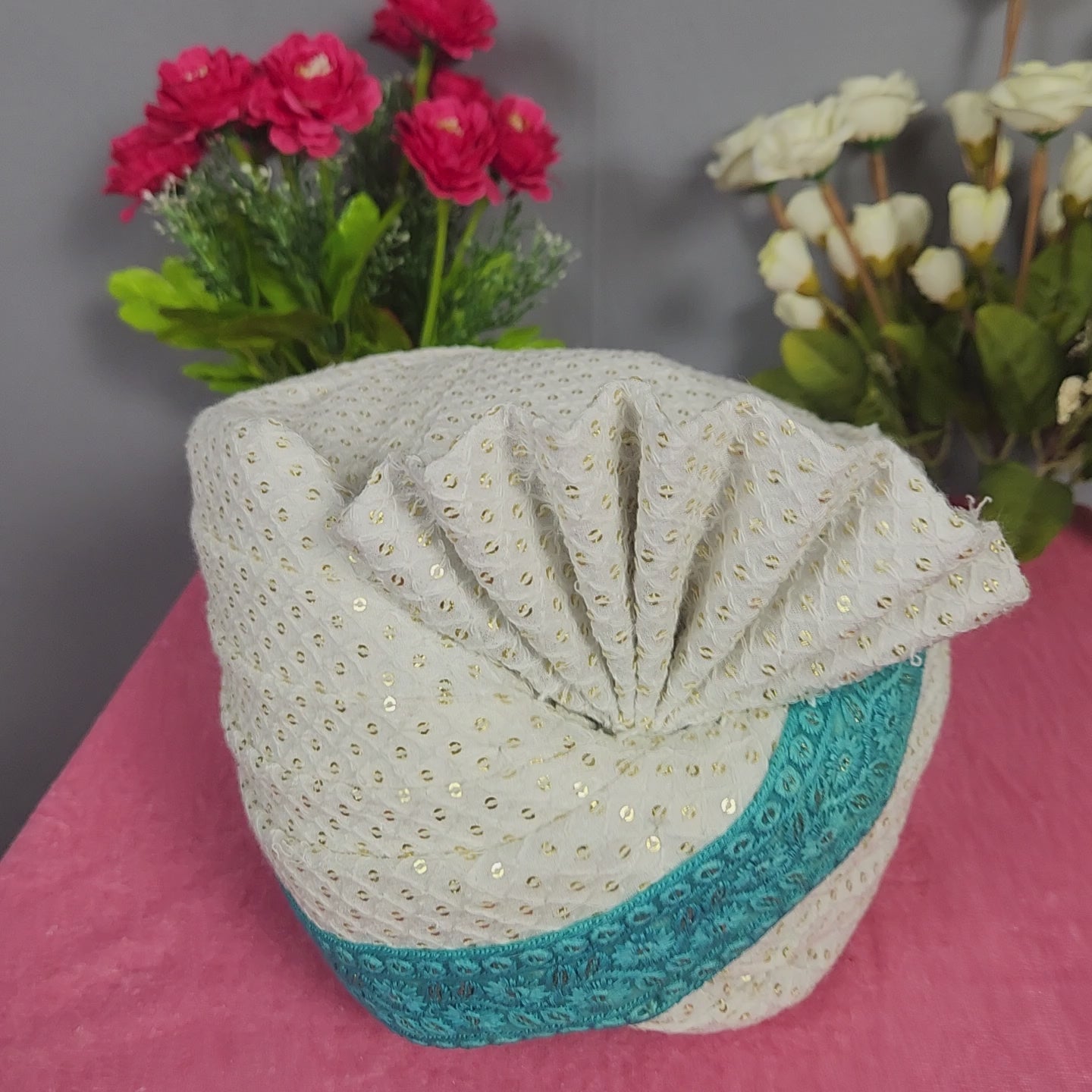 White Groom Turban With Turquoise Border
