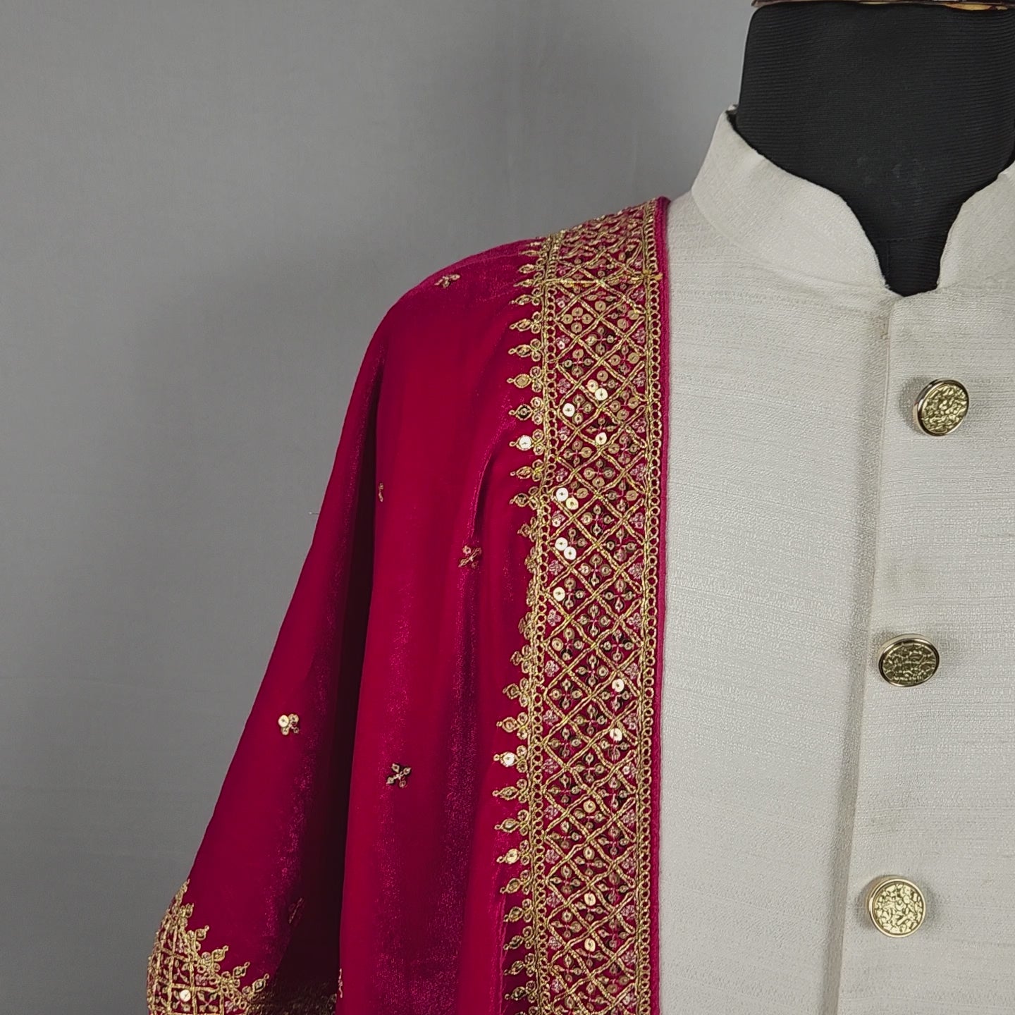 Magenta Groom Shawl - Gold Embroidered Wedding Shawl