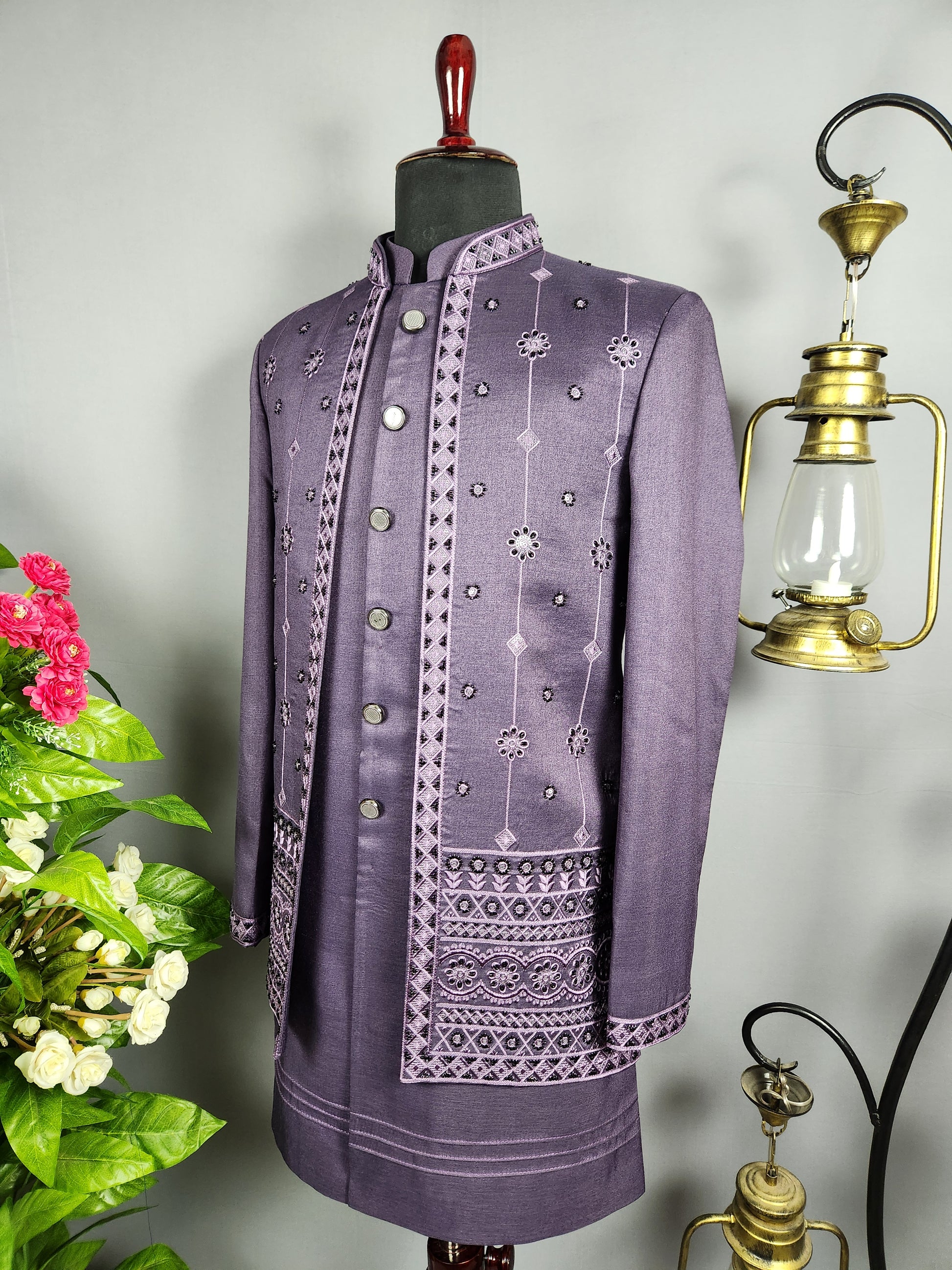 Purple Indo-Western Sherwani for Groom  -   Indian Wedding Outfit for Men