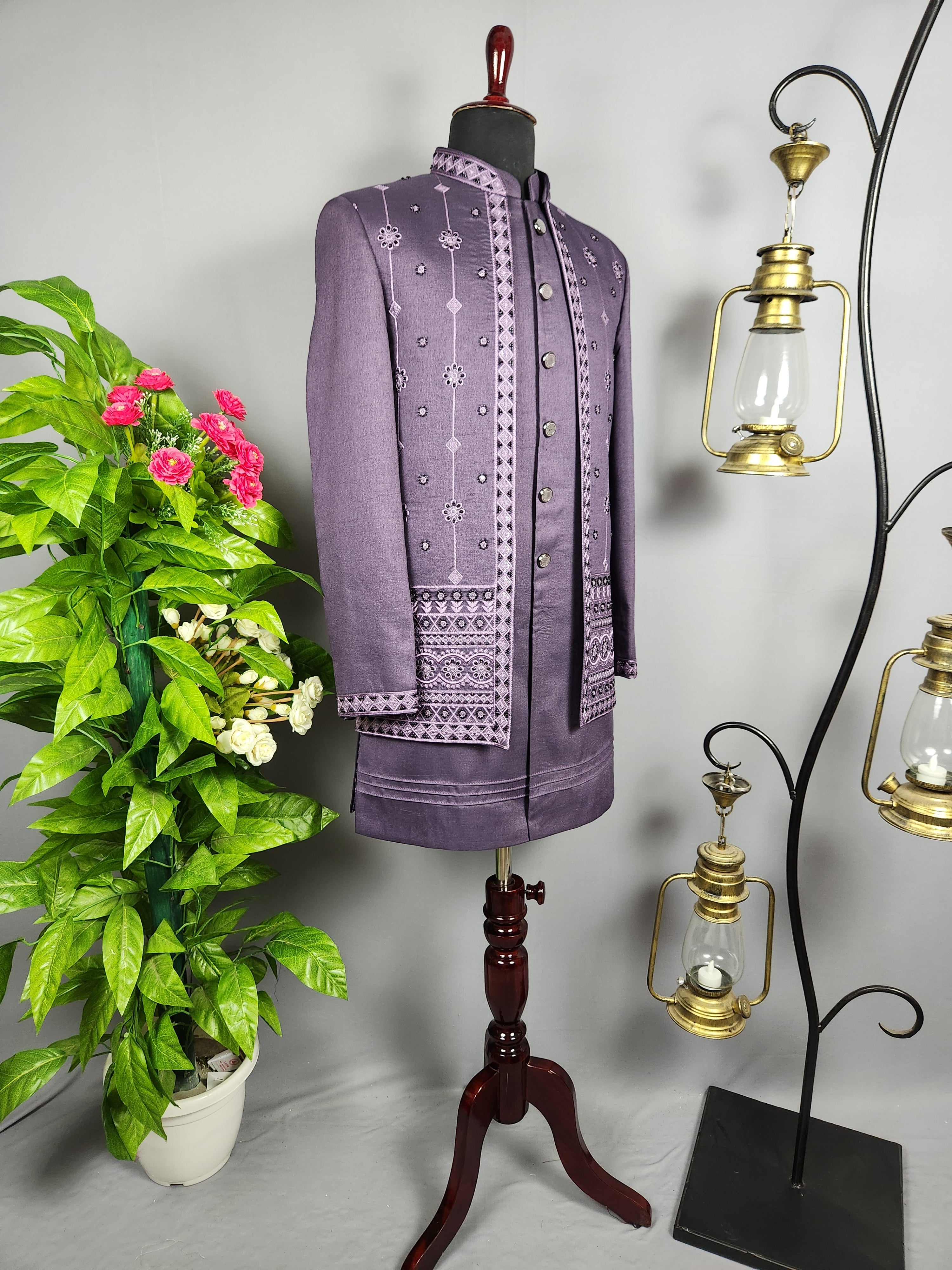 Purple Indo-Western Sherwani for Groom  -   Indian Wedding Outfit for Men