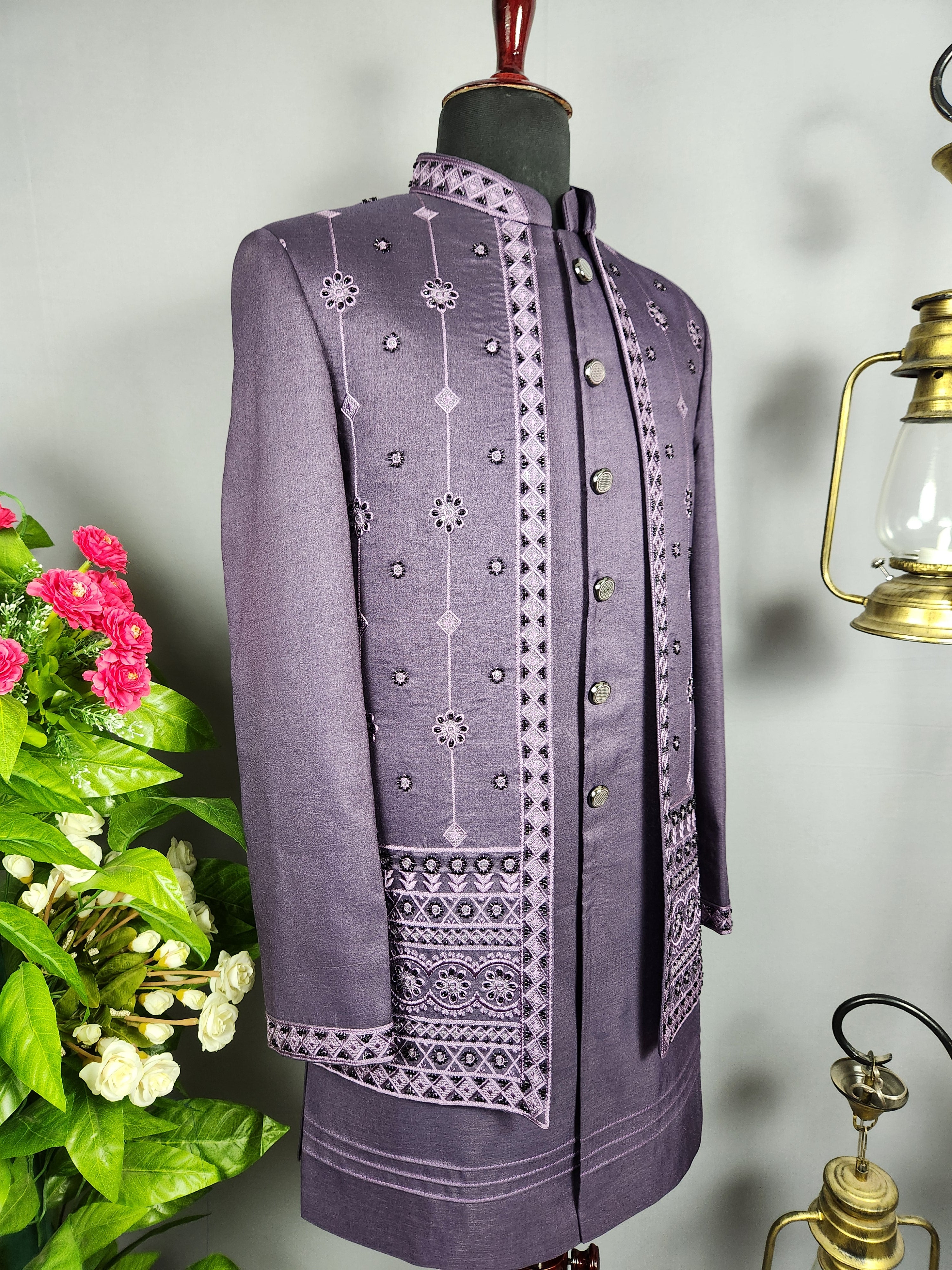 Purple Indo-Western Sherwani for Groom  -   Indian Wedding Outfit for Men