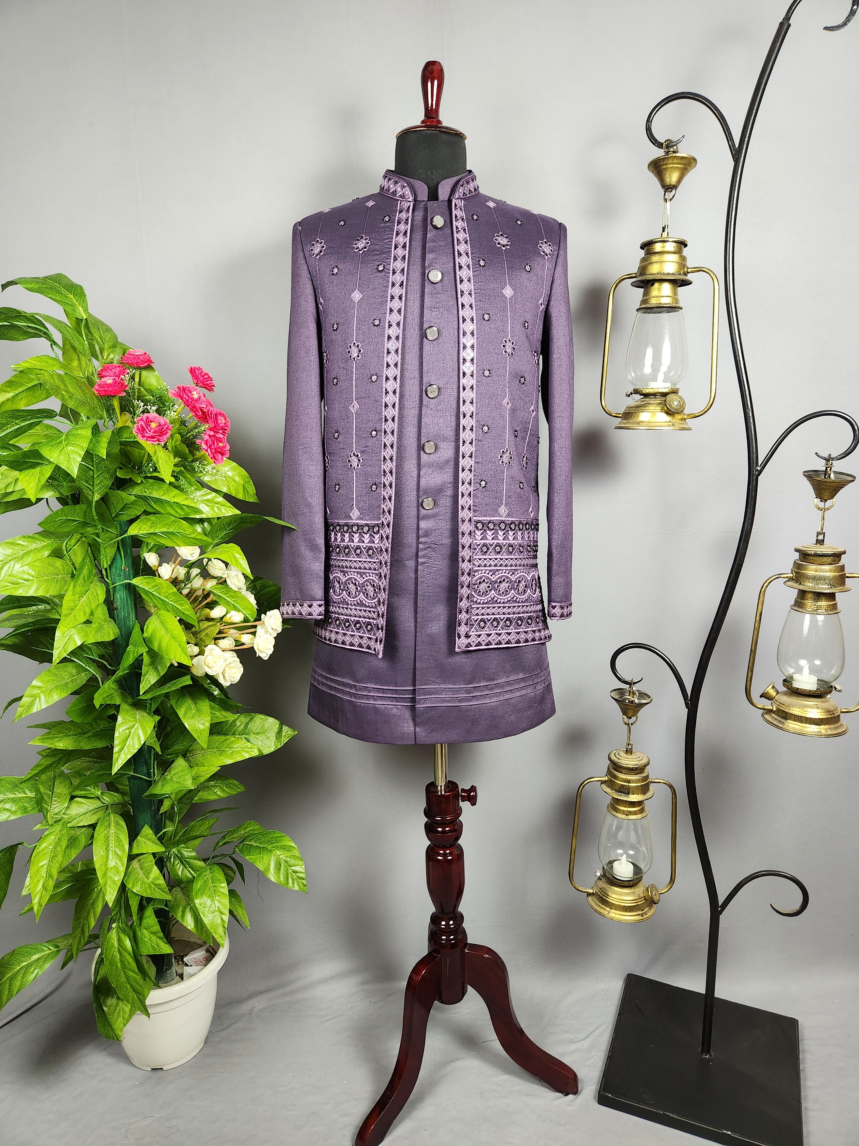 Purple Indo-Western Sherwani for Groom  -   Indian Wedding Outfit for Men