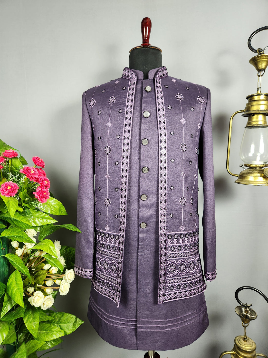 Purple Indo-Western Sherwani for Groom  -   Indian Wedding Outfit for Men