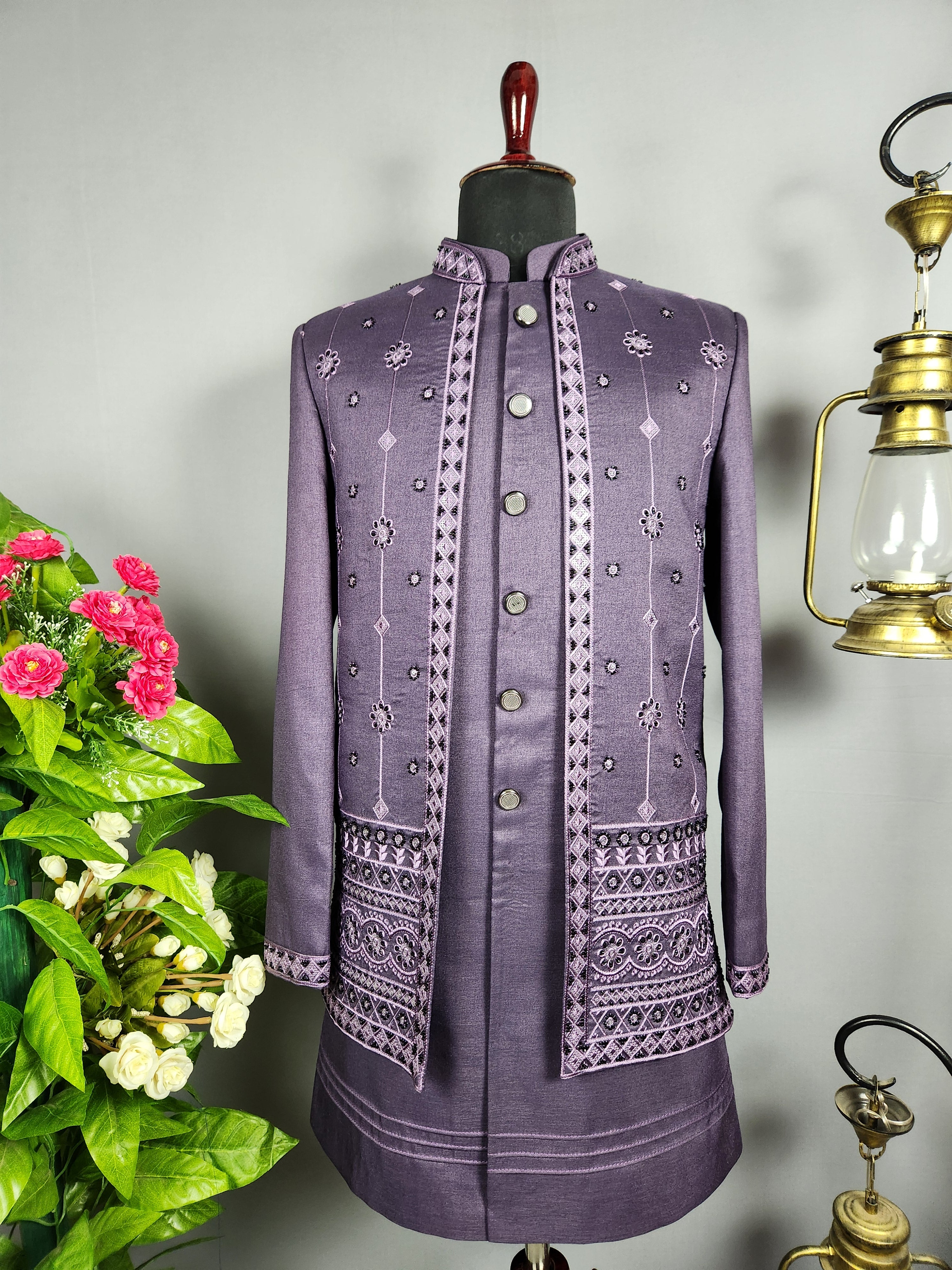 Purple Indo-Western Sherwani for Groom  -   Indian Wedding Outfit for Men