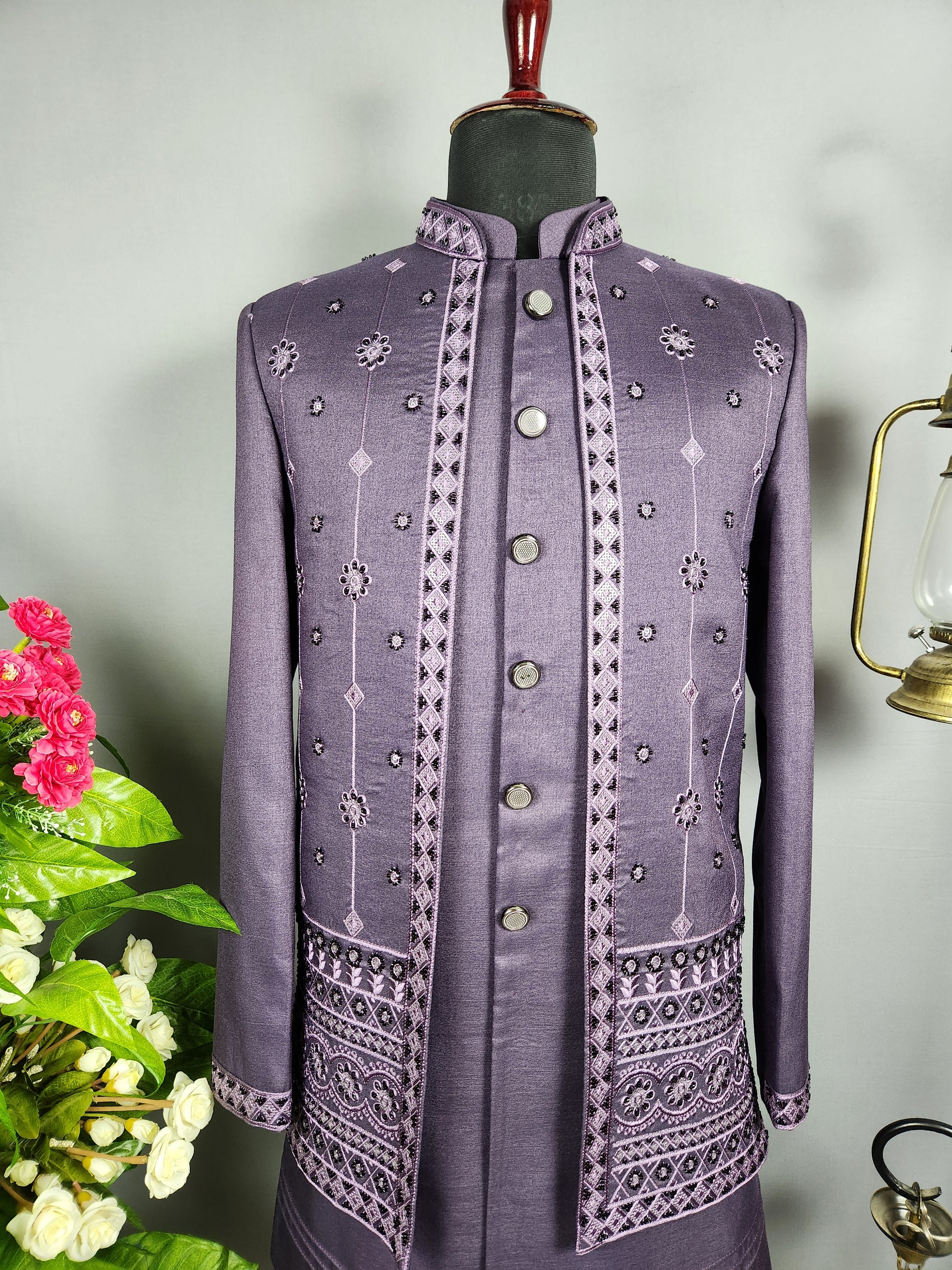 Purple Indo-Western Sherwani for Groom  -   Indian Wedding Outfit for Men