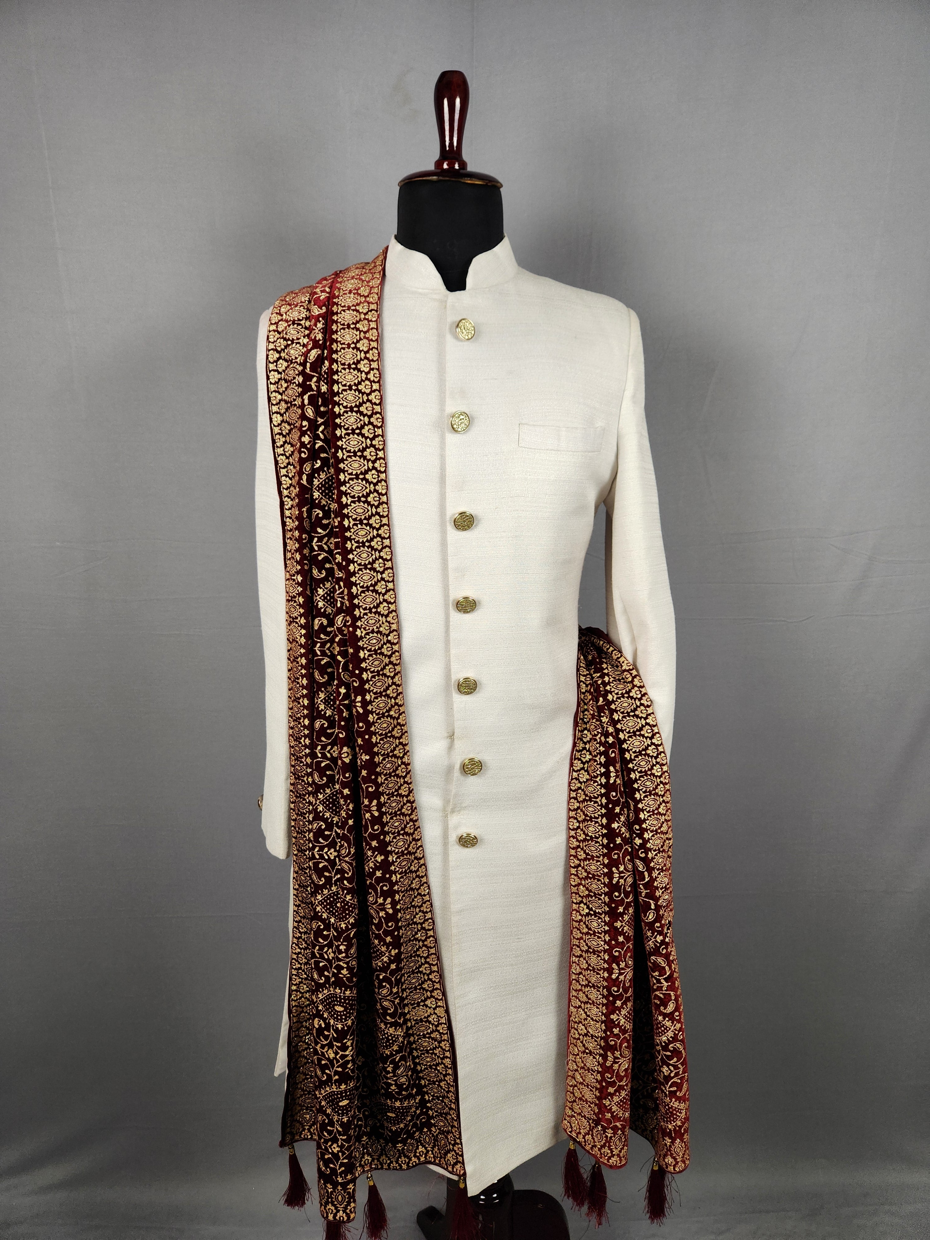 Red Groom Shawl with Gold Pattern Printed