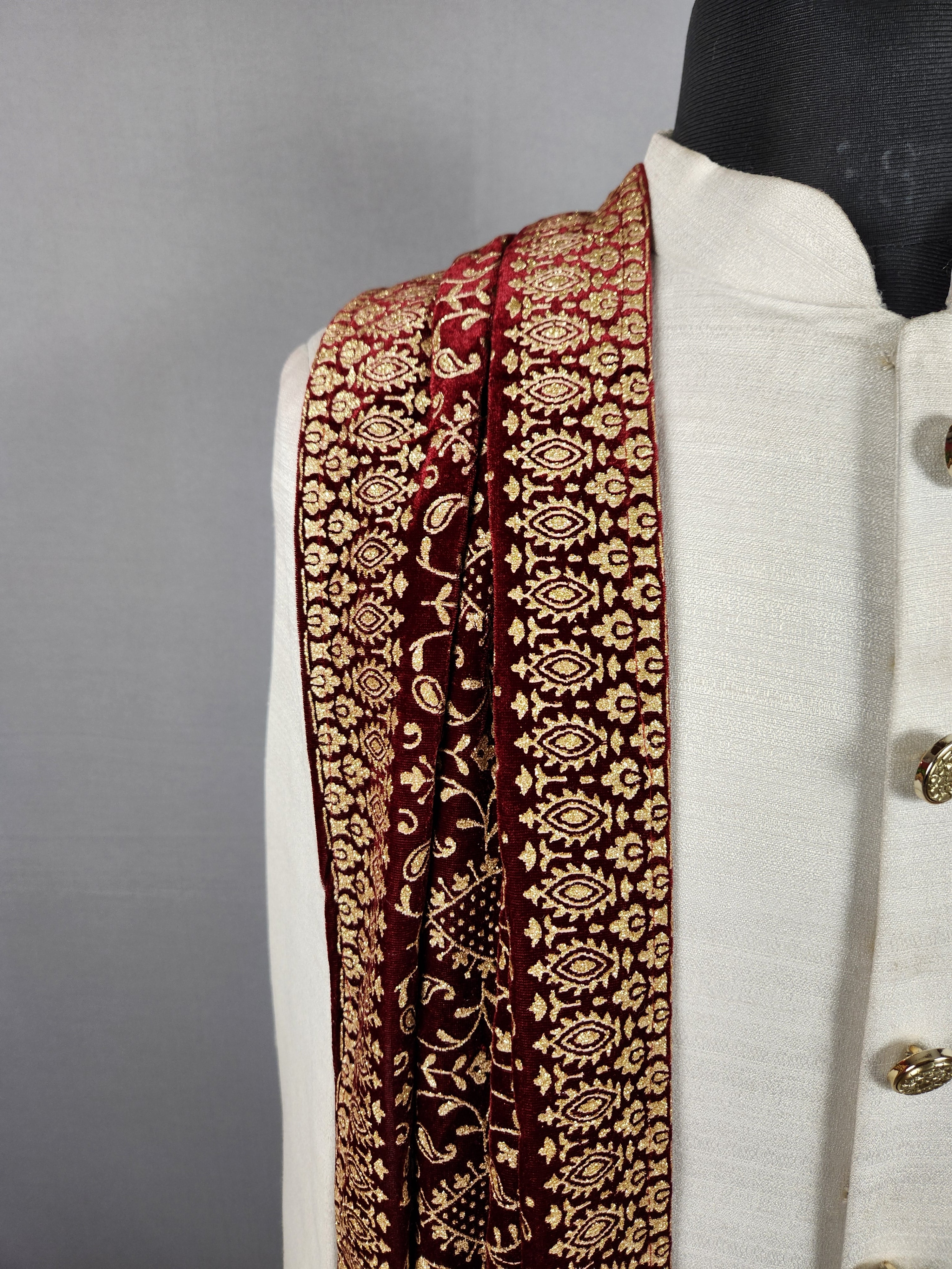 Red Groom Shawl with Gold Pattern Printed