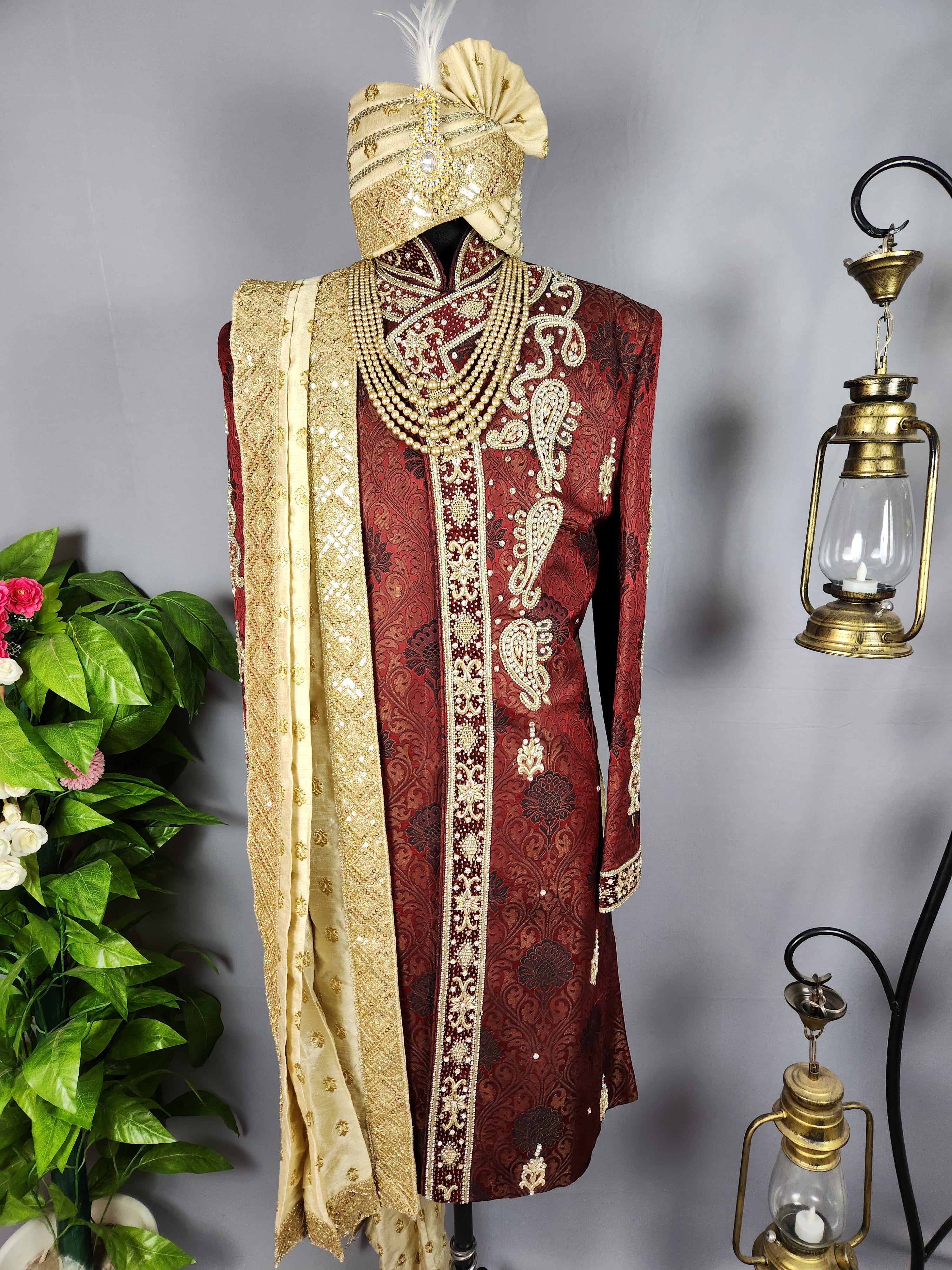 Red Sherwani Groom Wedding with zardozi work