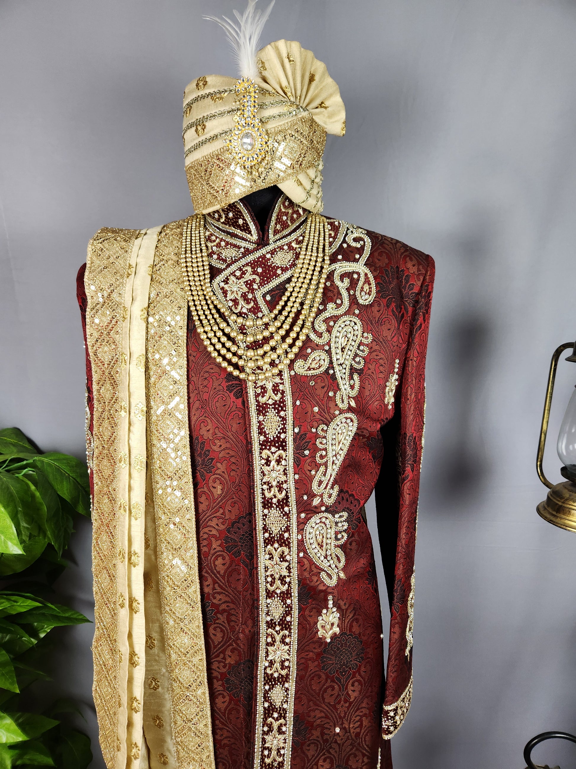 Red Sherwani Groom Wedding with zardozi work