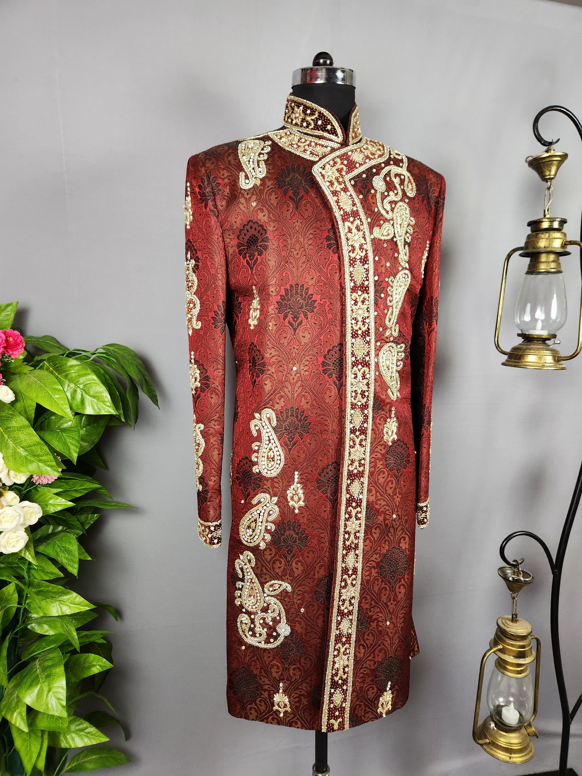 Red Sherwani Groom Wedding with zardozi work