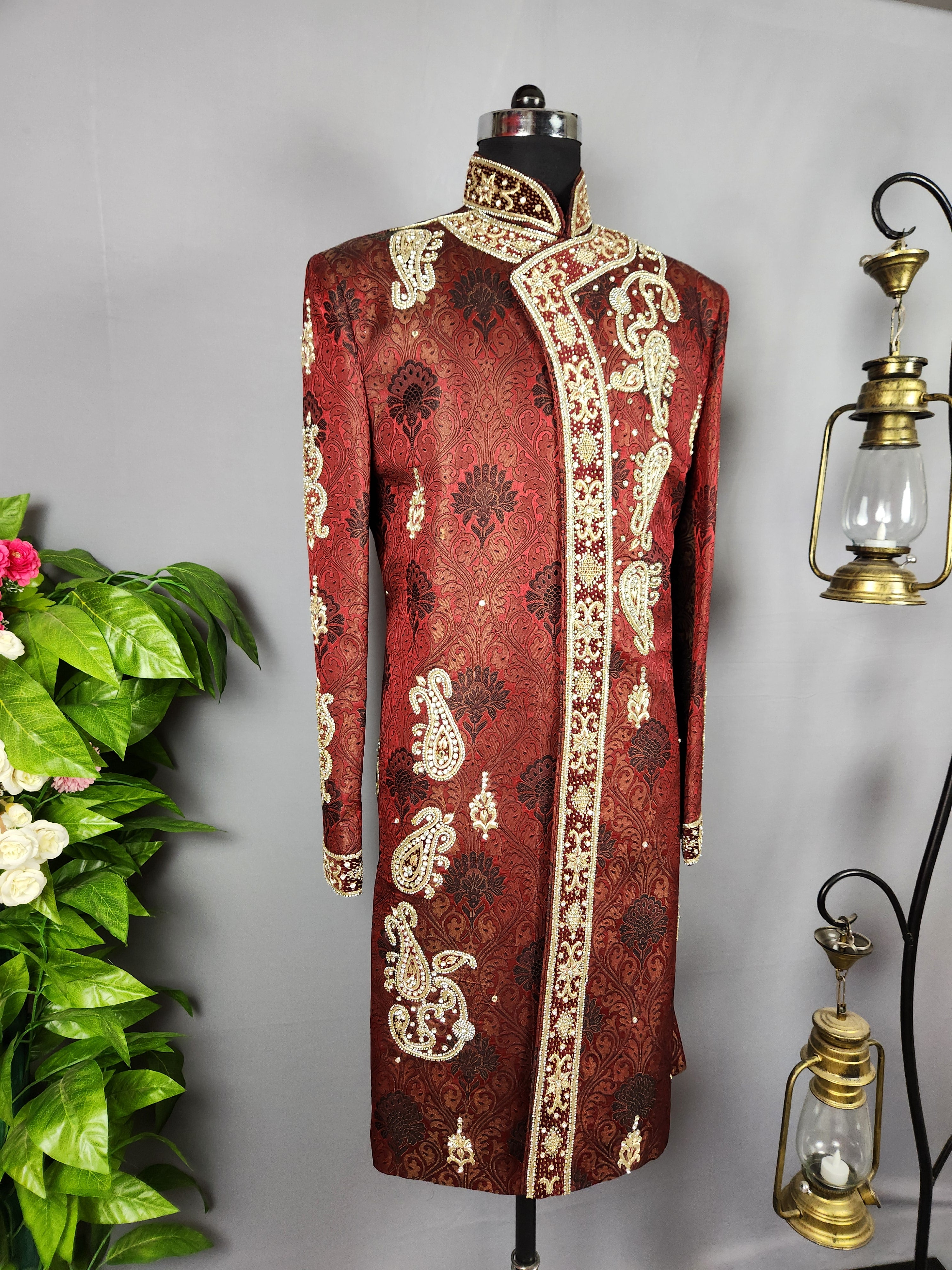 Red Sherwani Groom Wedding with zardozi work