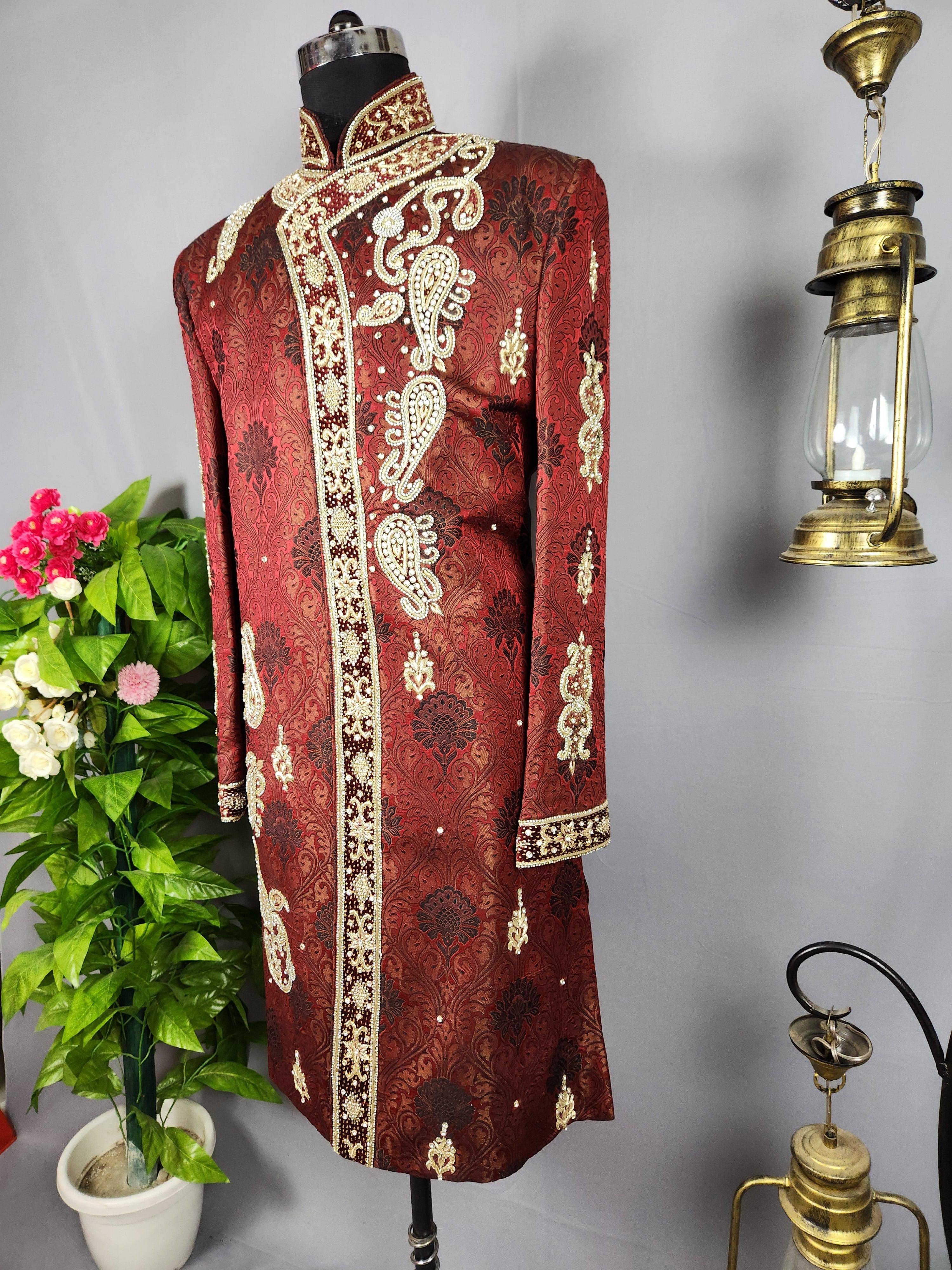 Red Sherwani Groom Wedding with zardozi work