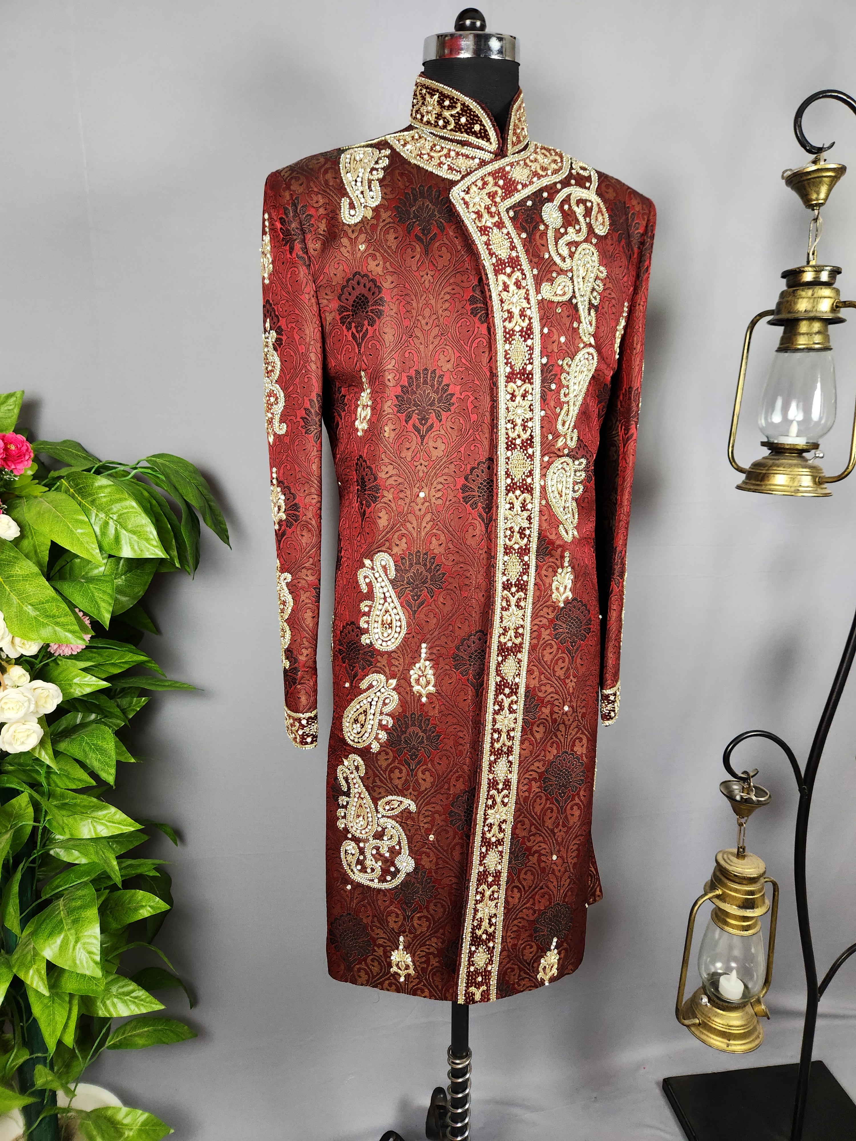 Red Sherwani Groom Wedding - Angarkha Style and Zardozi Work | Sherwani For Men