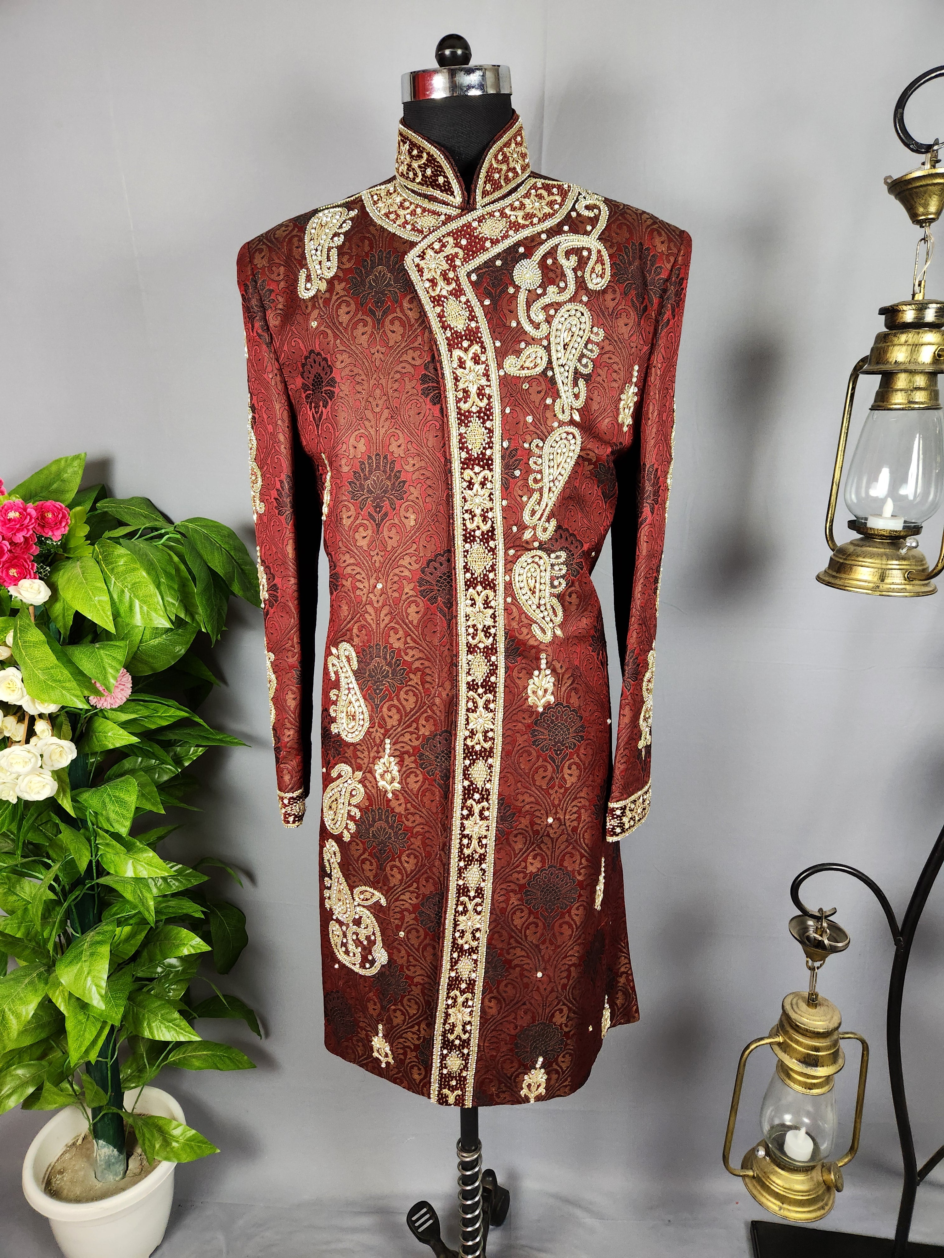 Red Sherwani Groom Wedding with zardozi work