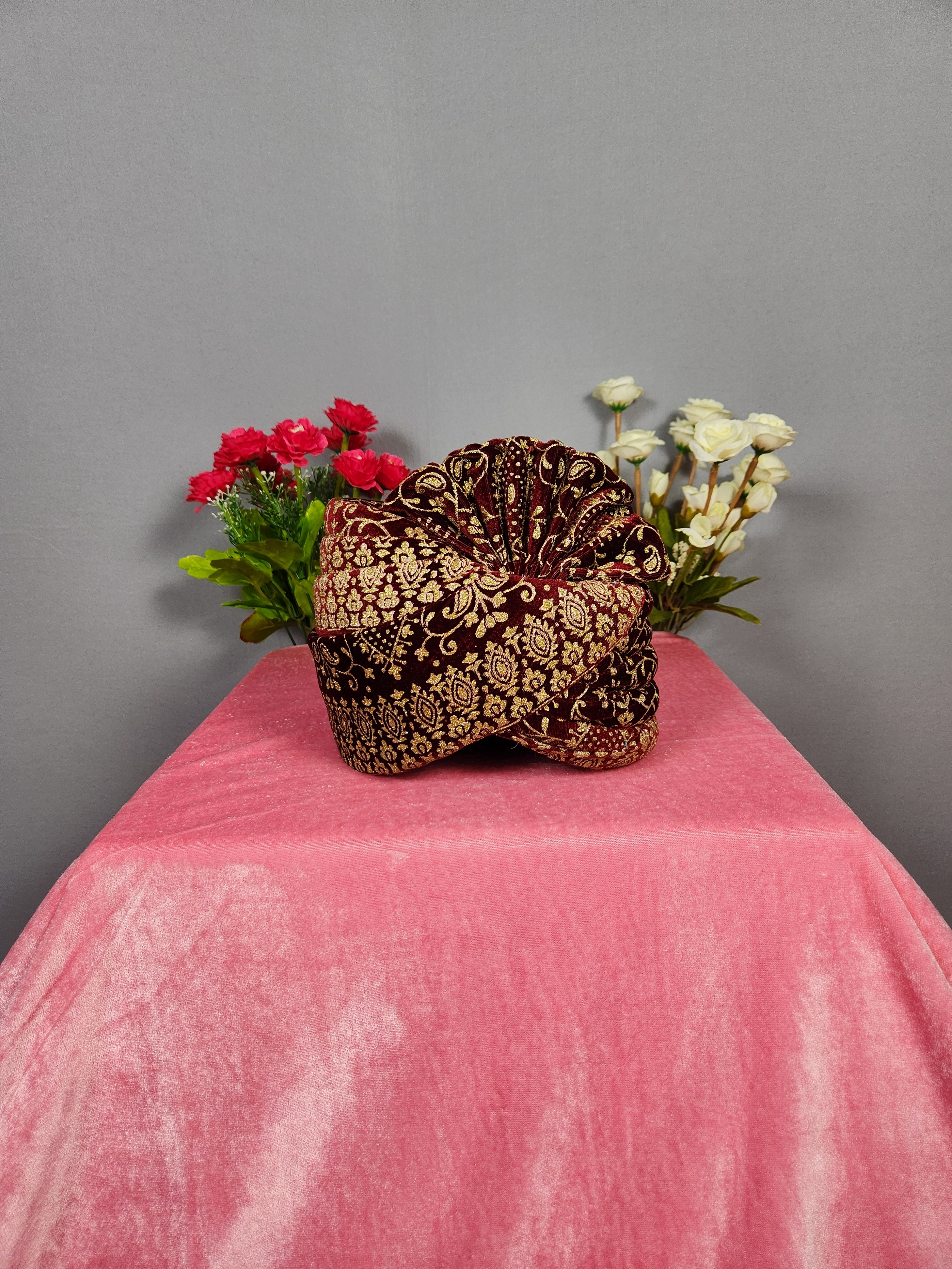 Red Groom Turban With Gold Print