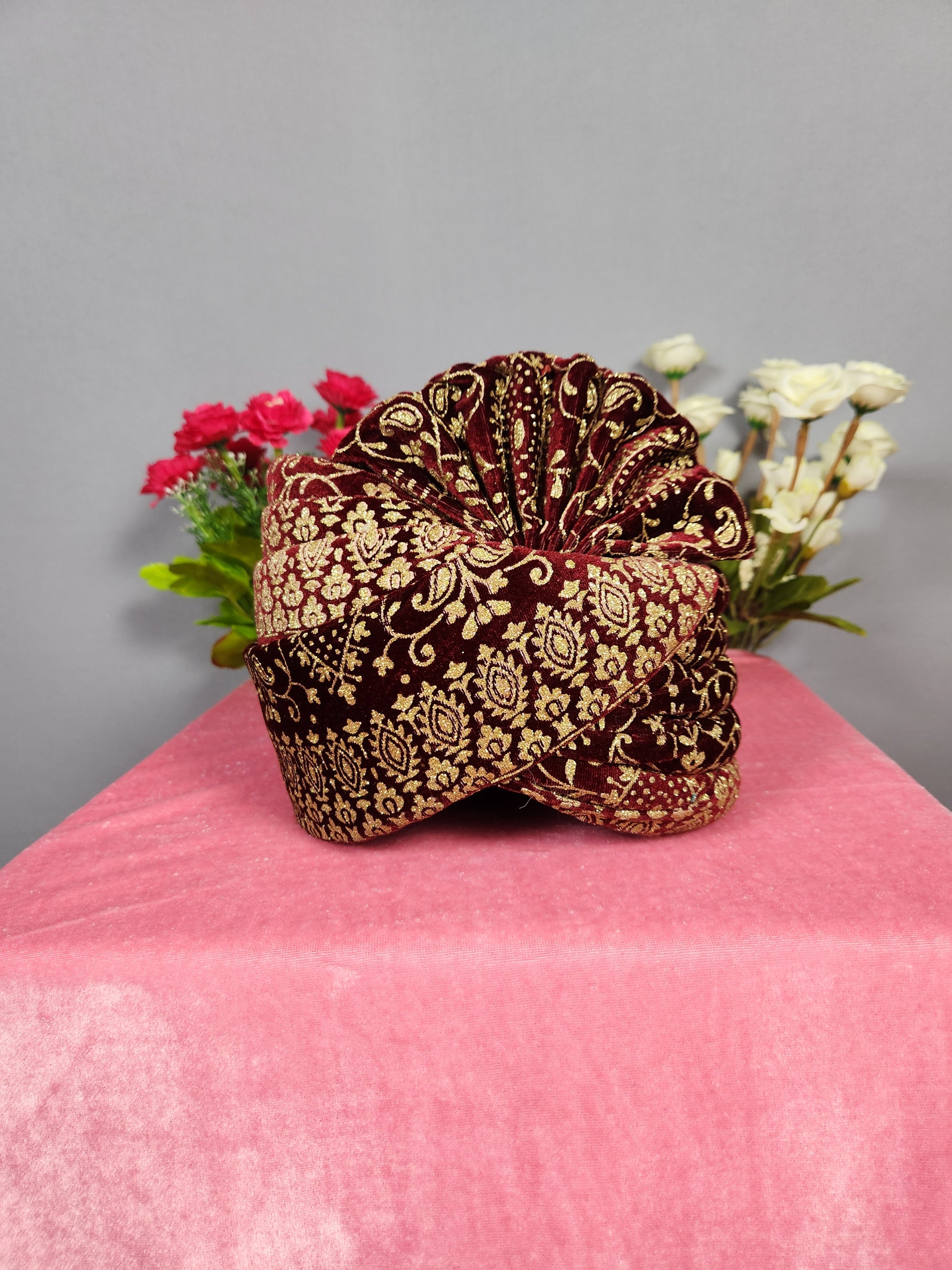 Red Groom Turban With Gold Print