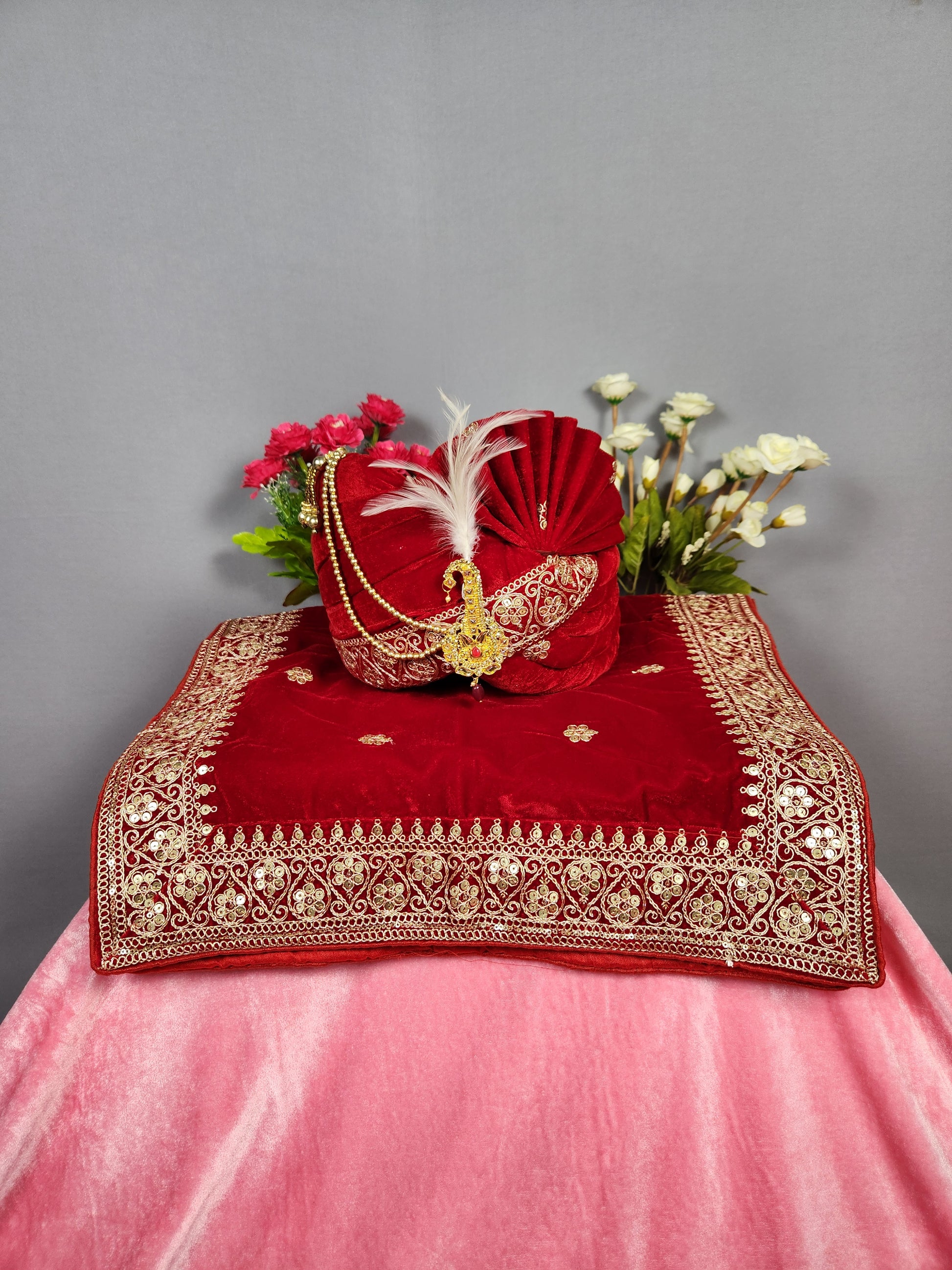 Red Groom Turban Shawl Set