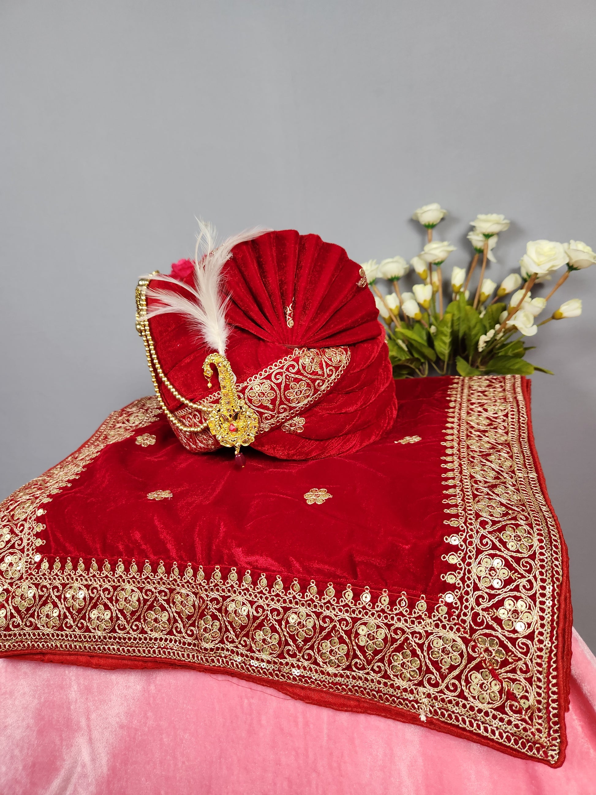 Red Groom Turban Shawl Set