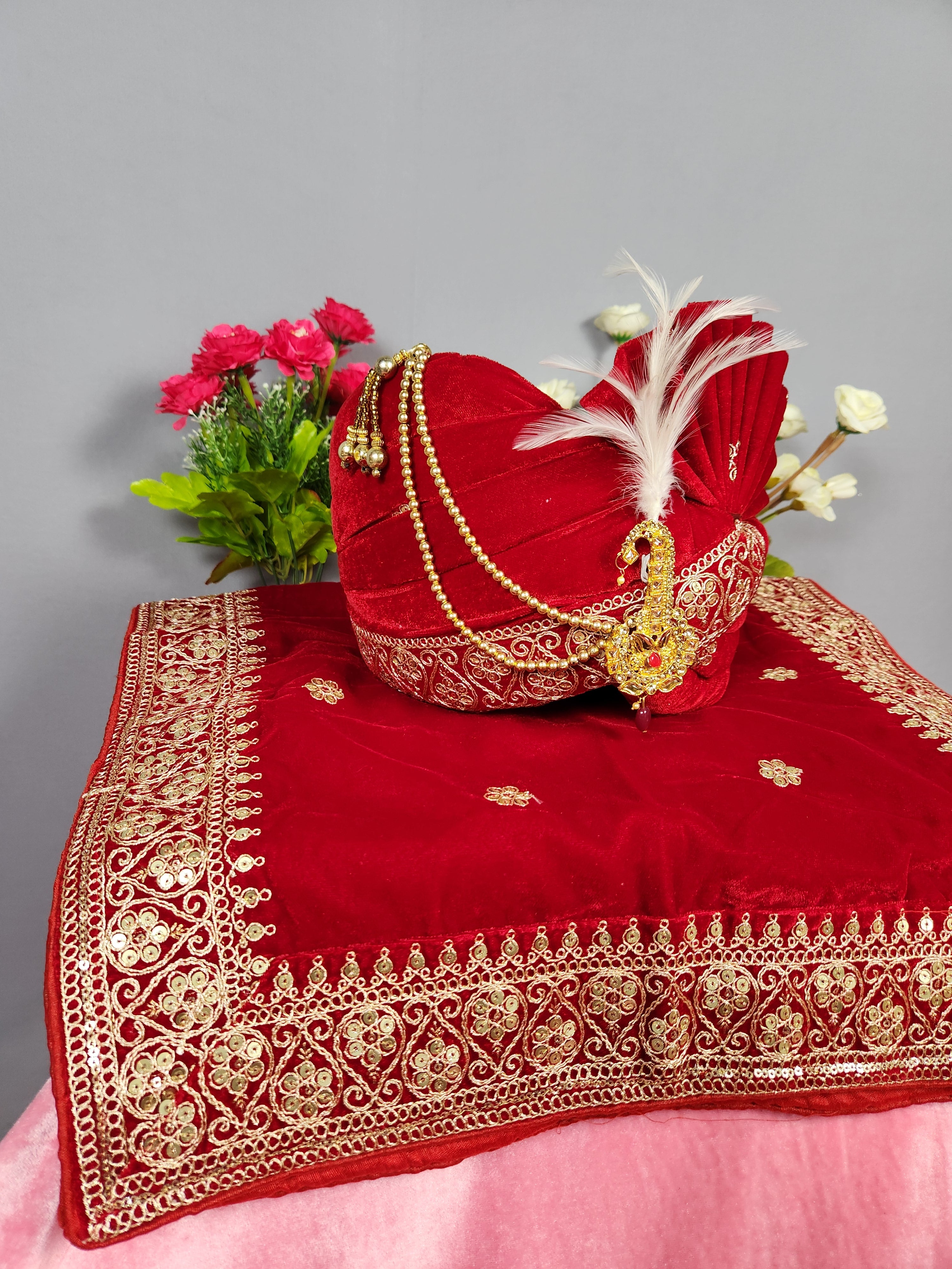 Red Groom Turban Shawl Set