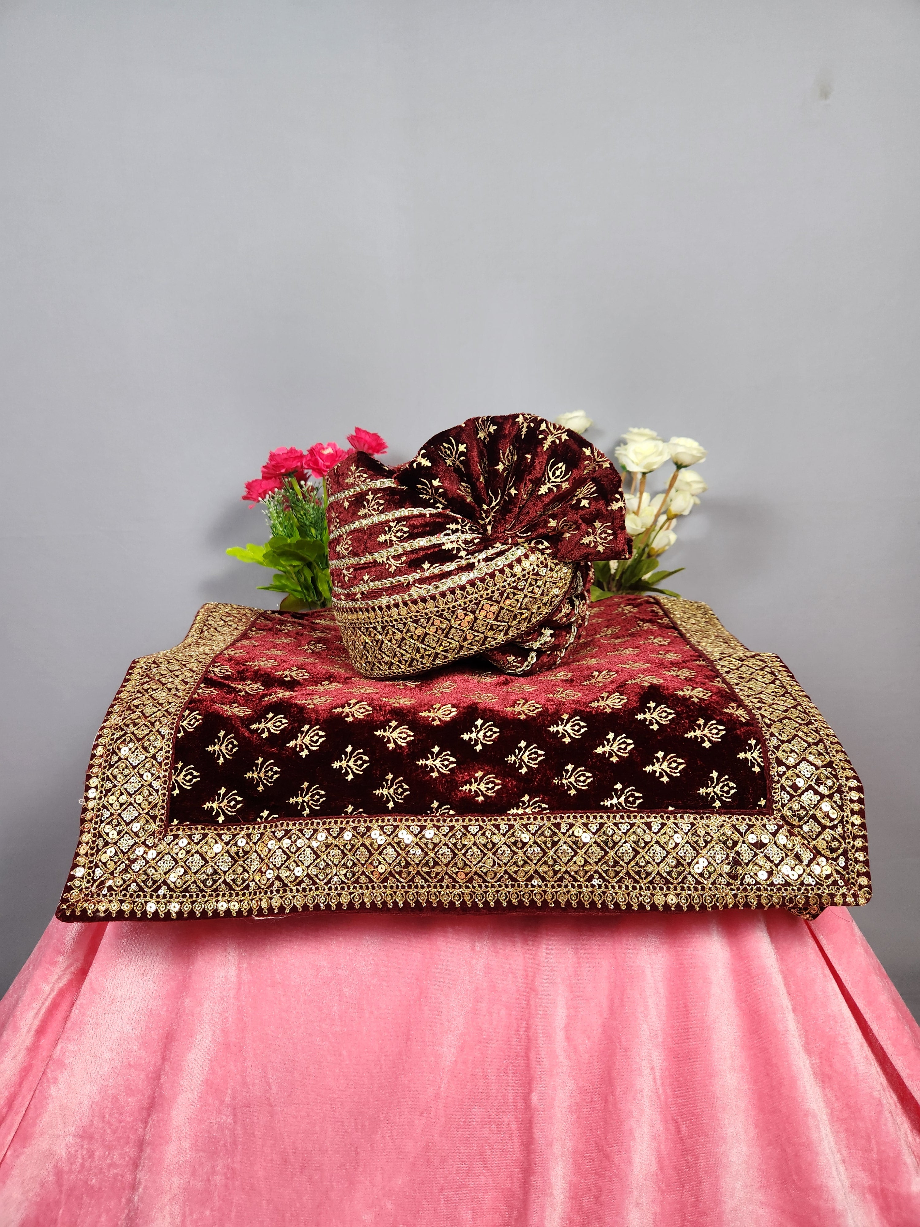 Red Groom Turban Shawl With Gold Print | Dupatta Safa Set For Men
